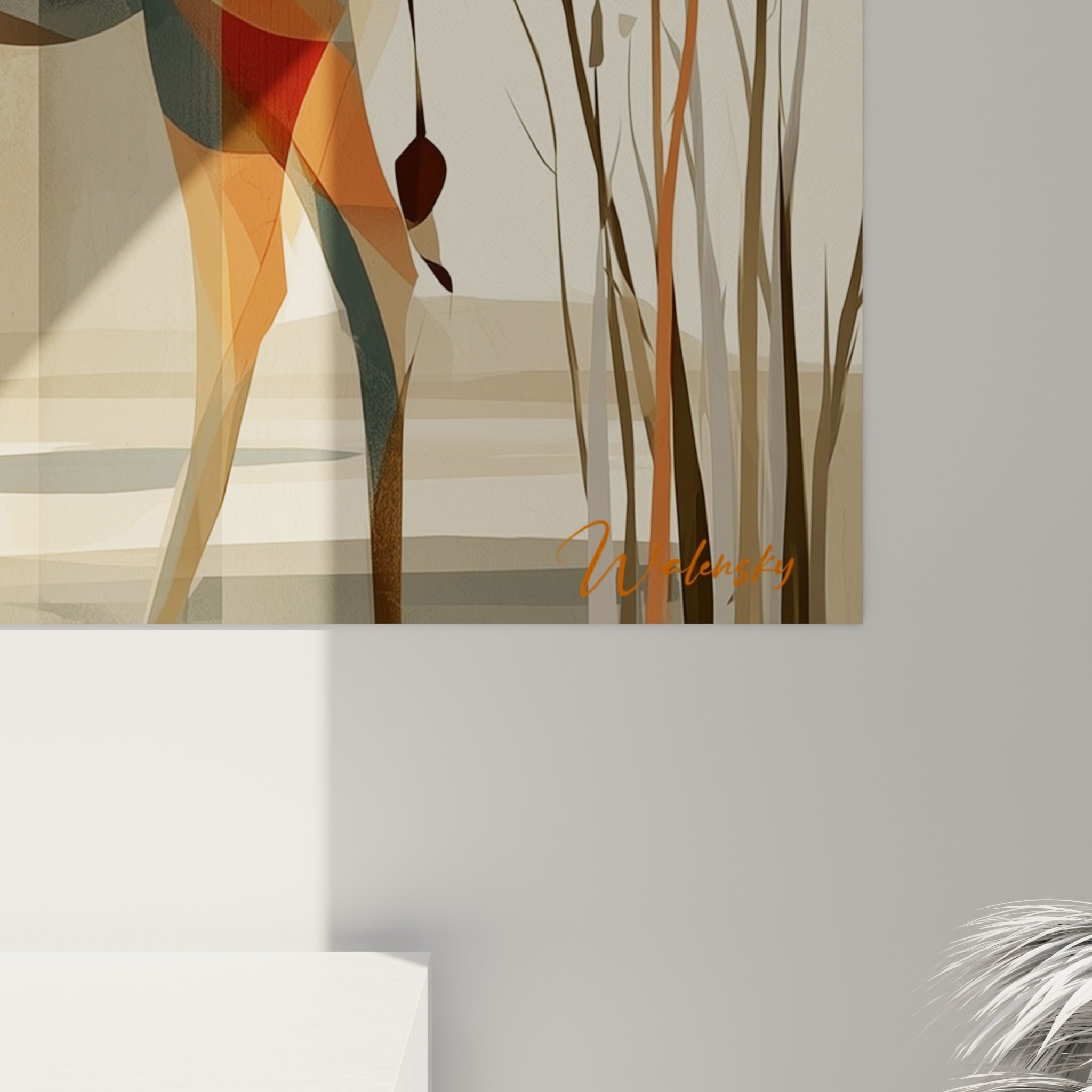 Détail des facettes colorées terracotta et anthracite formant la robe de la girafe peinte