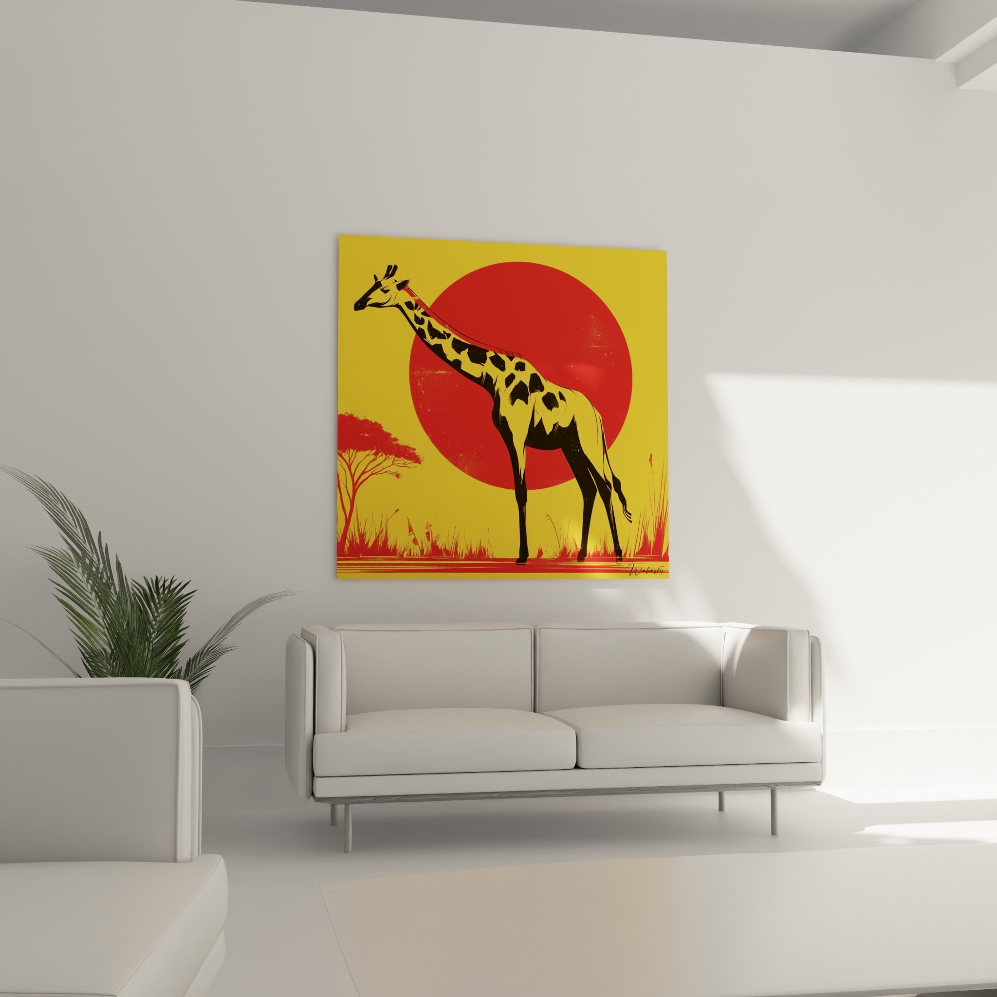 Girafe stylisée jaune et rouge accrochée au-dessus d'un canapé dans un salon lumineux