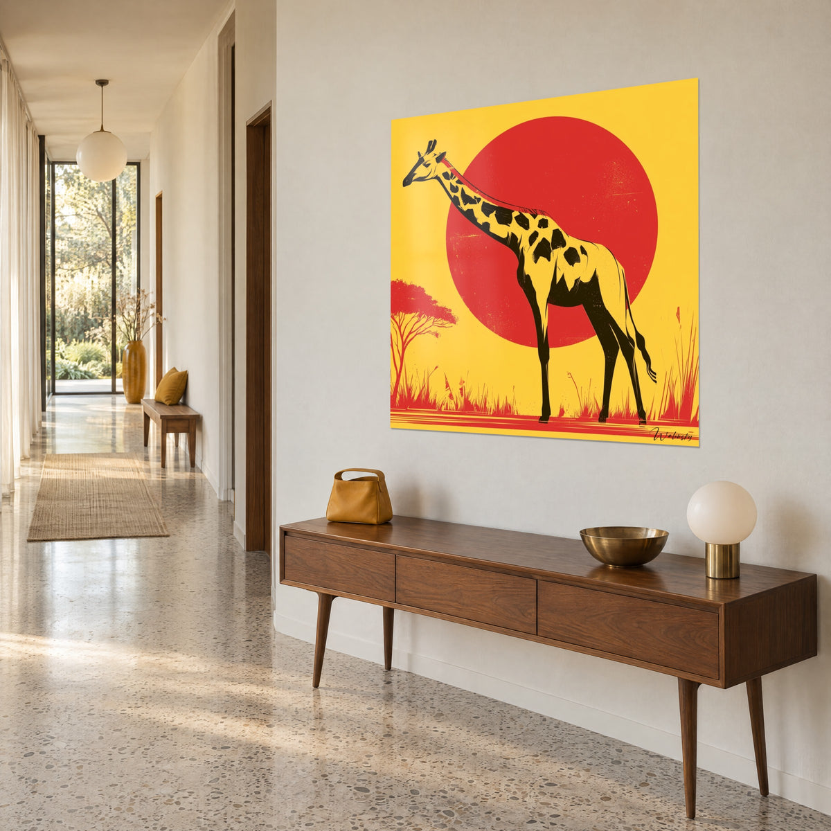 Grafisches Savannen-Gemälde: schwarz-gelber Giraffenhals, rote Scheibe und zinnoberroter Akazienbaum, dreiviertel Ansicht in einem hellen Flur
