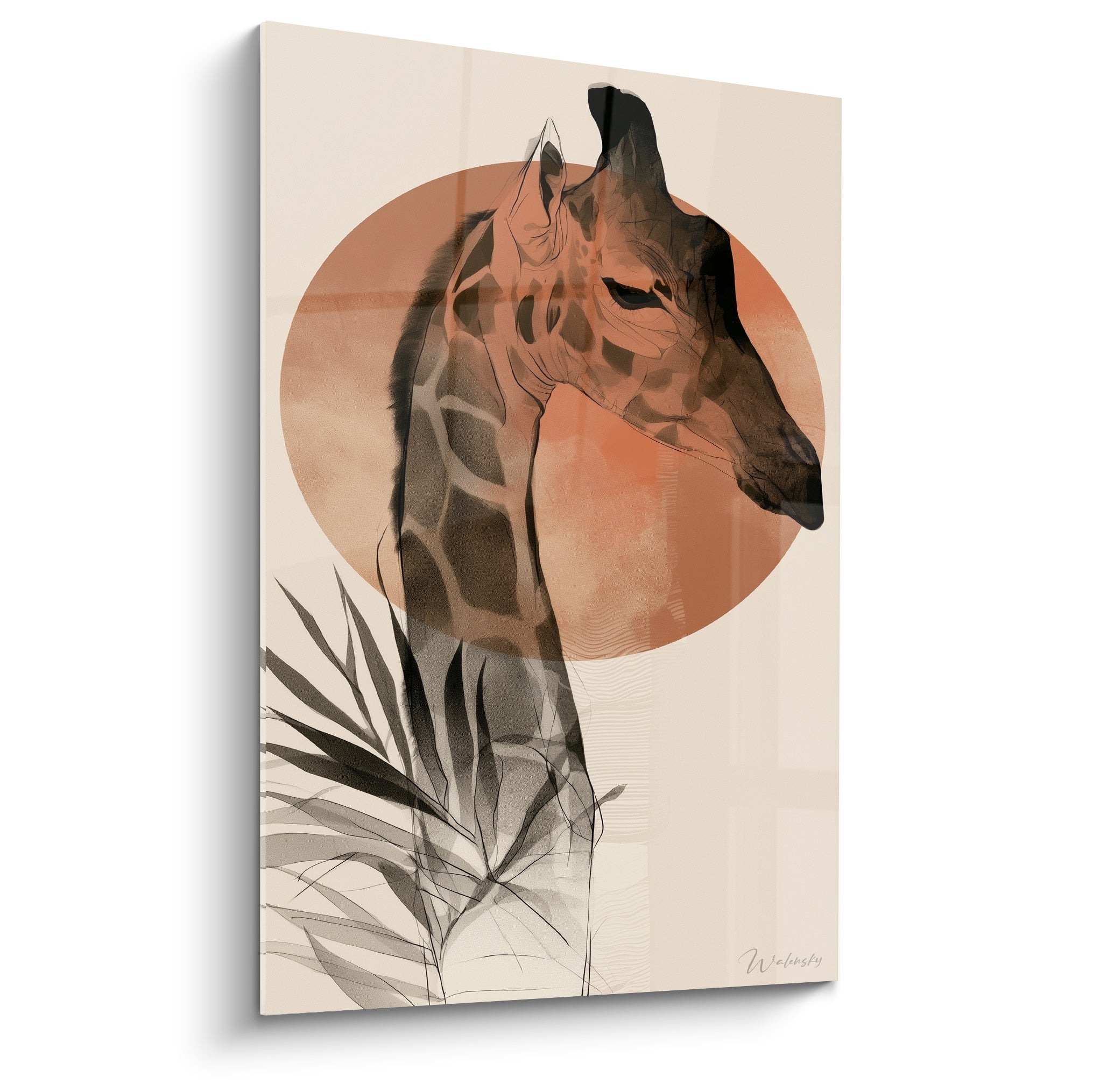 Girafe au profil brun et anthracite, disque terracotta et feuilles graphiques en arrière-plan