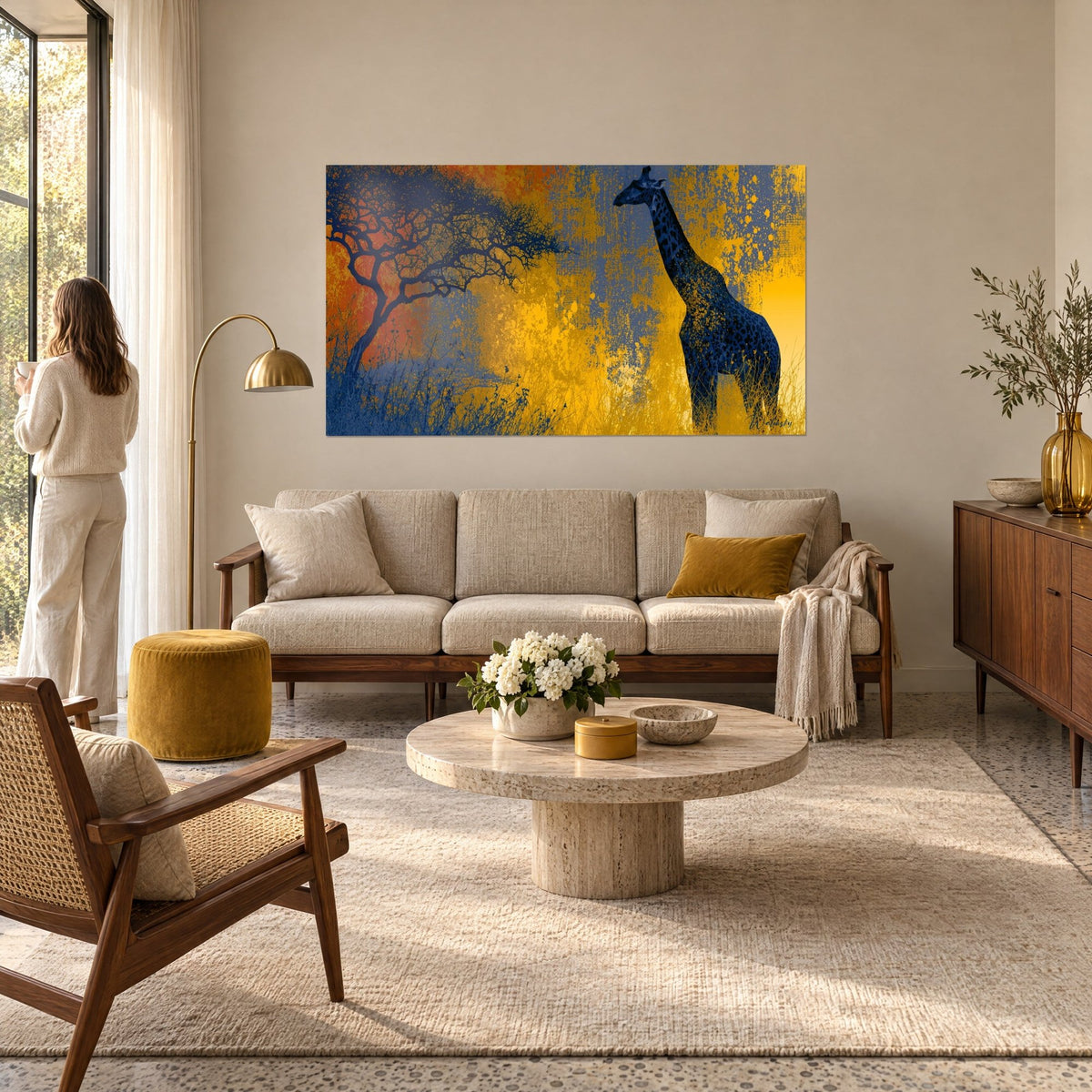 Gemälde Giraffe im Profil vor einem schwarzen Akazienbaum auf ockerfarbenem und marineblauem Hintergrund, über einem Sofa in einem hellen Wohnzimmer