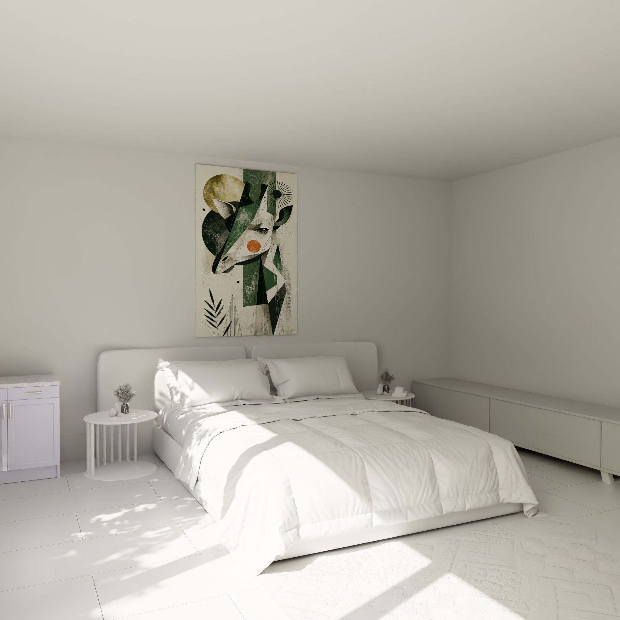 Portrait de girafe vert et doré au-dessus d'un lit dans une chambre claire