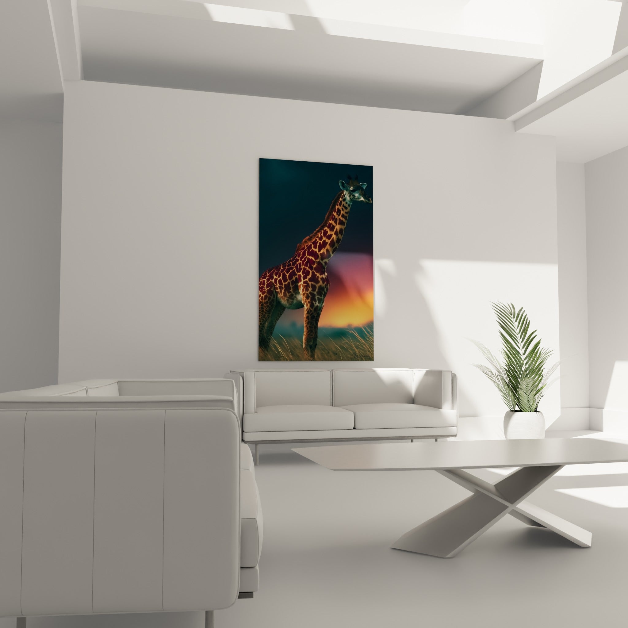 Silhouette de girafe dorée sur fond crépusculaire orangé au-dessus d'un canapé dans un salon lumineux