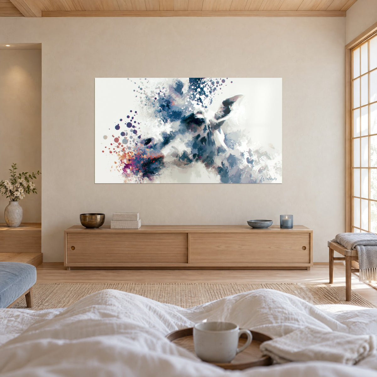 Quadro testa di giraffa sbriciolata in gocce blu notte e corallo, di fronte a un letto bianco e a una tazza, sopra un letto in una camera luminosa