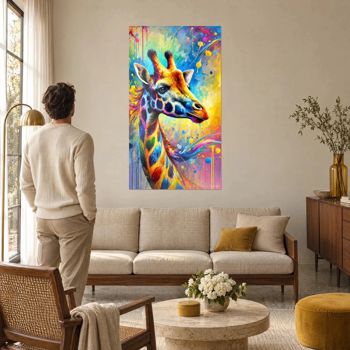Wall art giraffe with navy blue spots and orange-yellow coat splashed with pink, man seen from behind, above a sofa in a bright living room