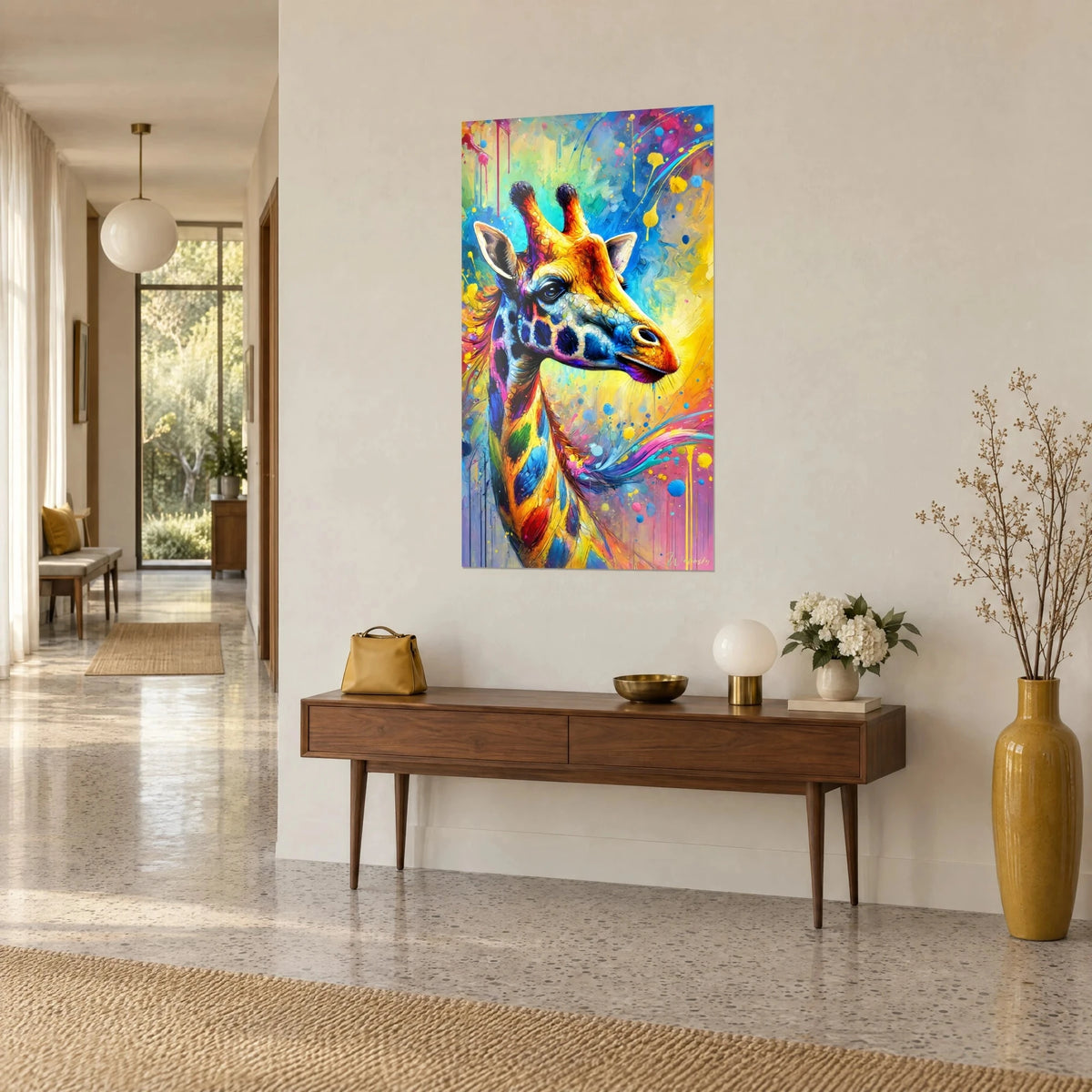 Wall art giraffe portrait in profile, orange muzzle and neck speckled with cobalt blue and green, entrance of a 1950s house