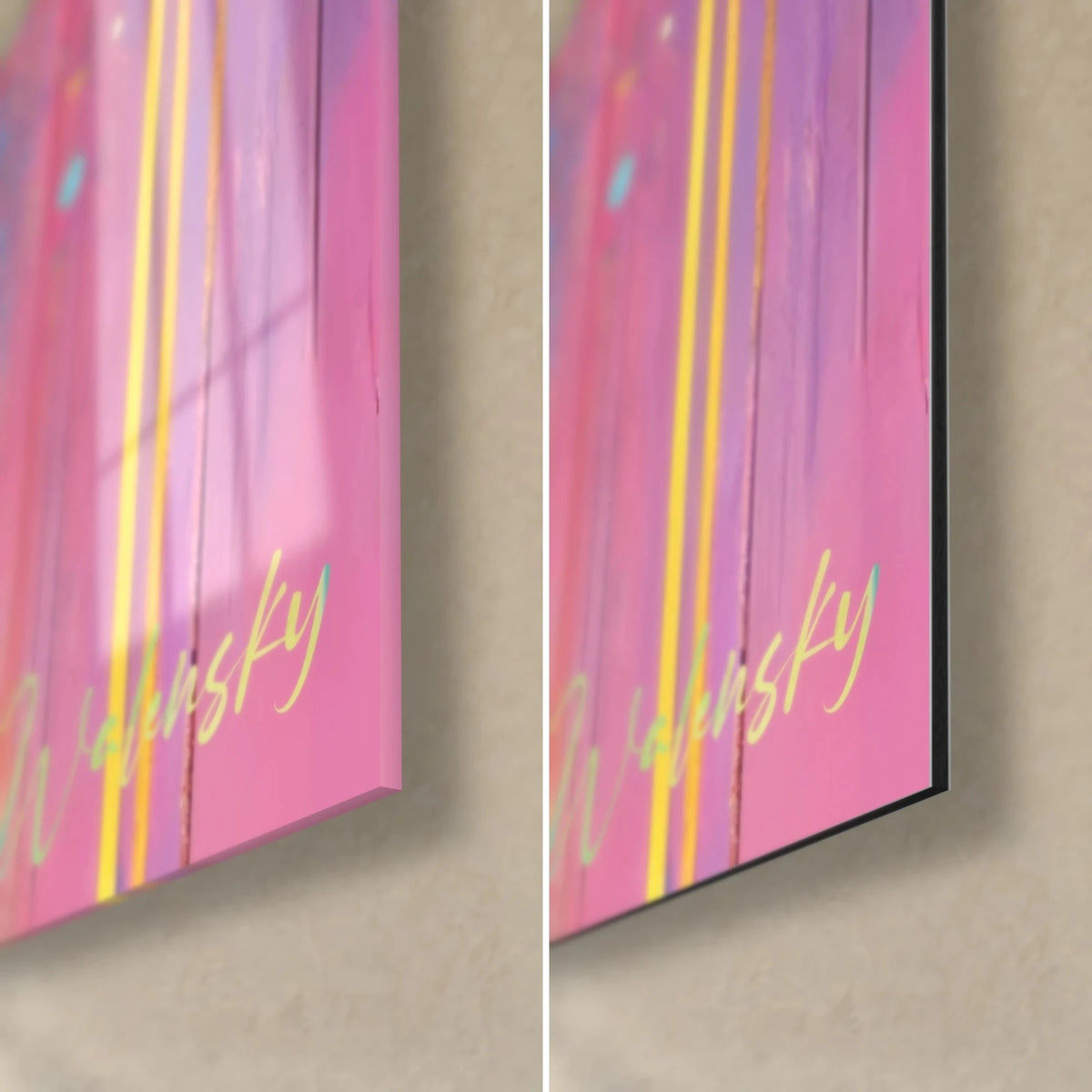 Wall art giraffe in vivid painting, pink and yellow bottom right corner with golden signature, glossy glass on the left, matte Dibond on the right