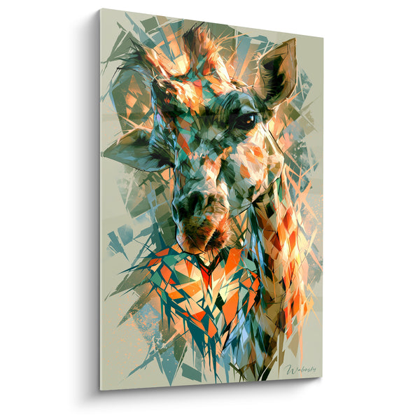 Tableau Girafe orange et sarcelle aux éclats de verre - Portrait cristallin fracturé - Edition Girafe