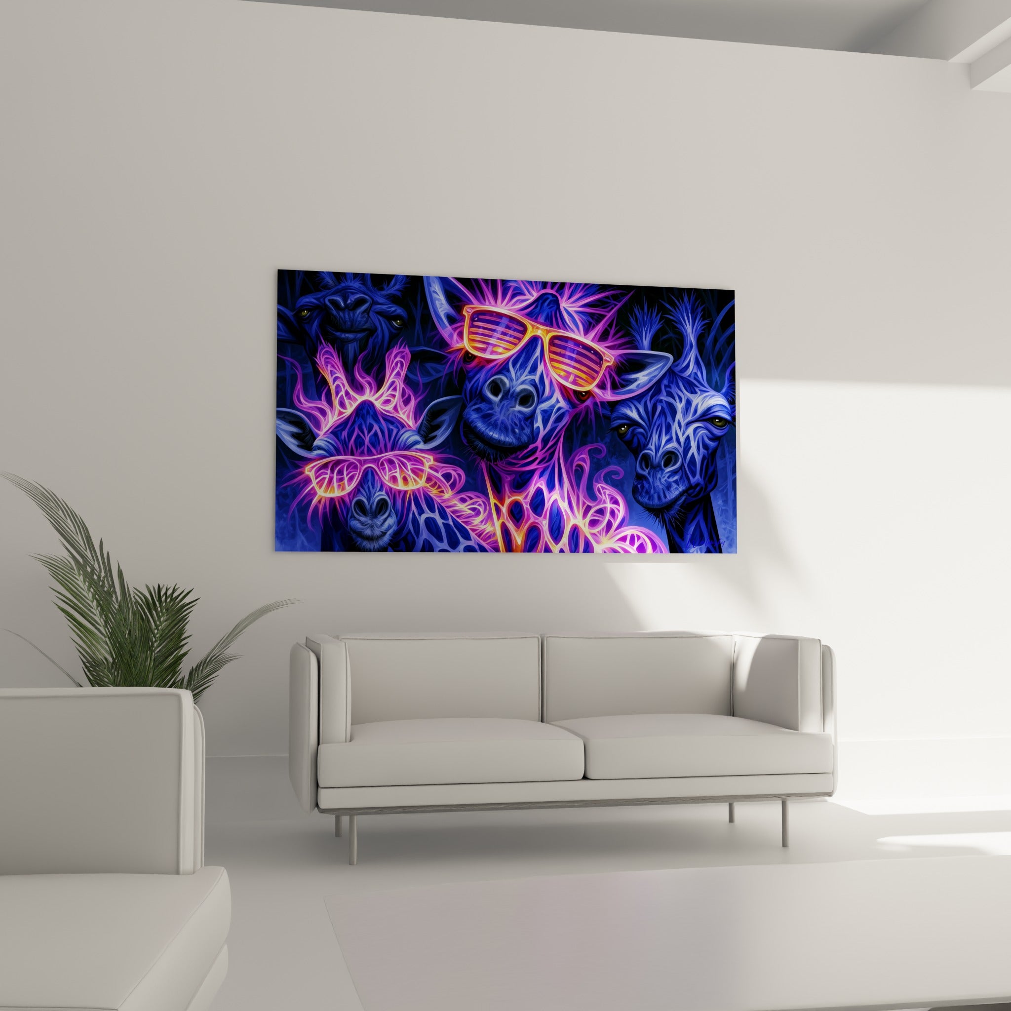 Museaux de girafes bleu électrique et violet ornés de lunettes fluo, au-dessus d'un canapé dans un salon lumineux