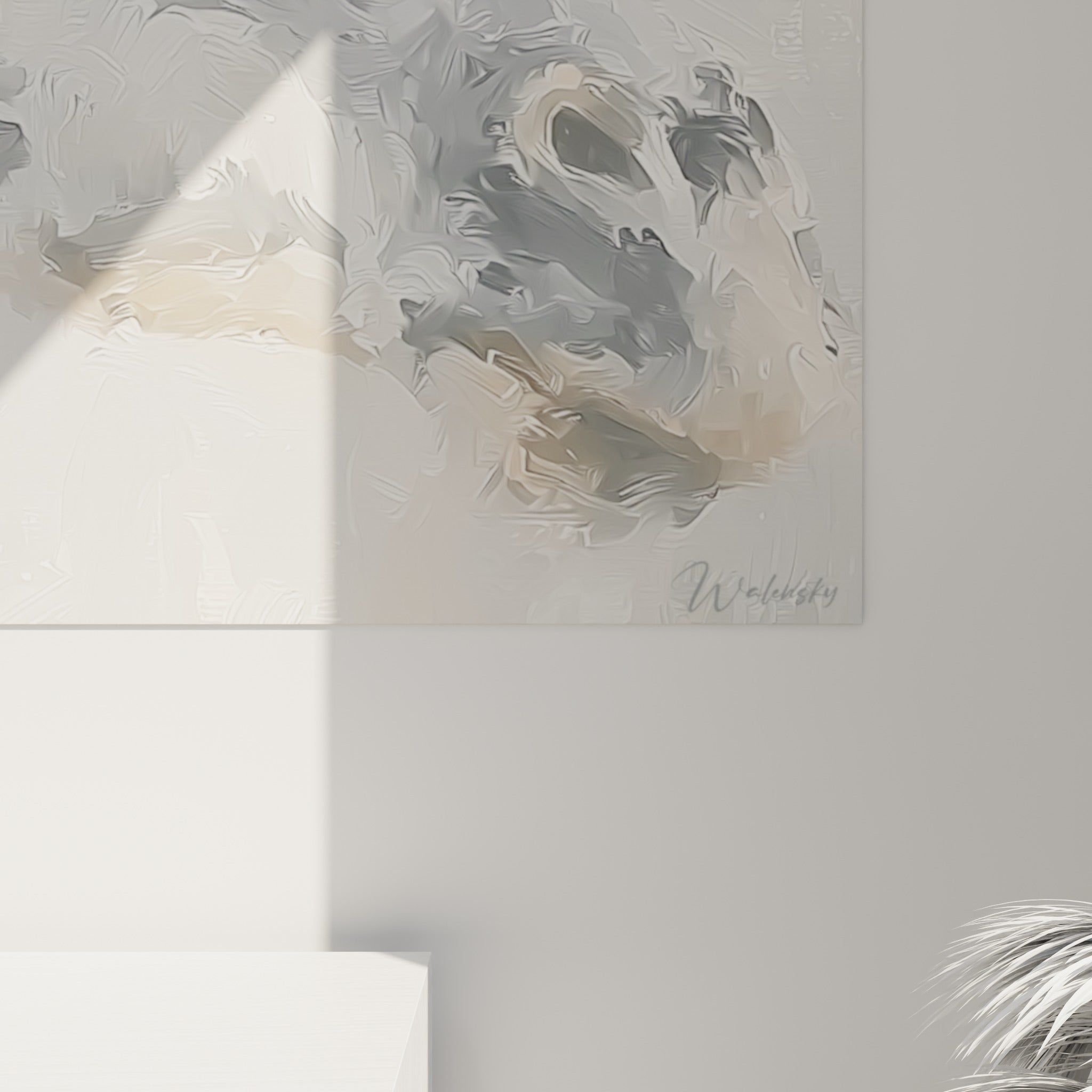 Empâtements gris et crème visibles de près, matière picturale texturée autour de l'œil sombre de la girafe