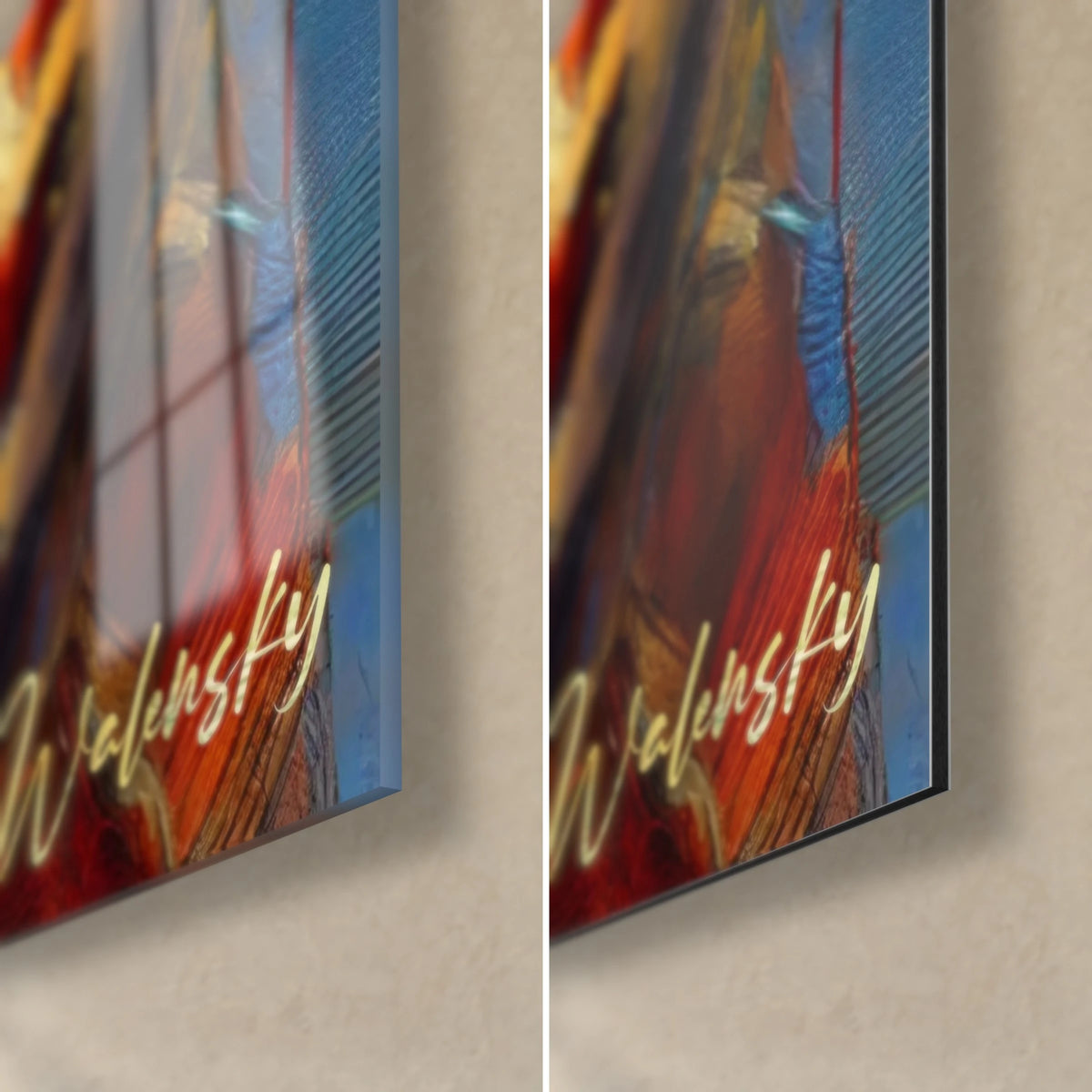Quadro di giraffa dipinta in rosso e blu, firma dorata Walensky, angolo in basso a destra in vetro lucido e Dibond opaco