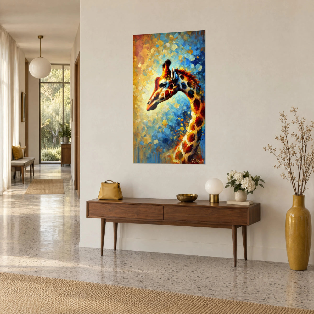 Quadro ritratto di giraffa con macchia bruno-rossastra, sfondo turchese e oro, vista di tre quarti di un corridoio luminoso