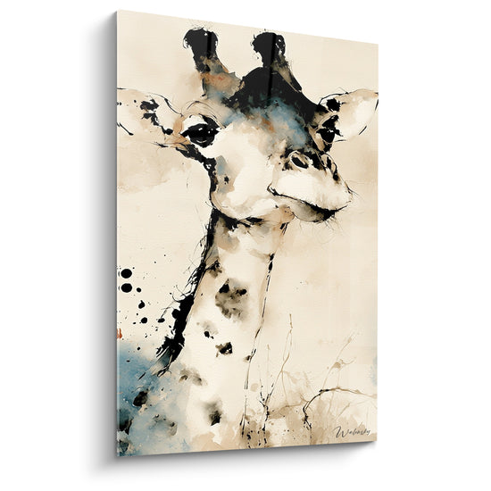 Girafe en encre noire et bleu pastel, tête levée, taches d'ivoire sur fond texturé