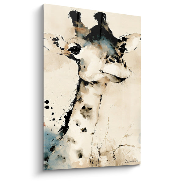 Tableau Girafe noire et bleue aux éclaboussures d'encre - Portrait à l'aquarelle - Edition Girafe