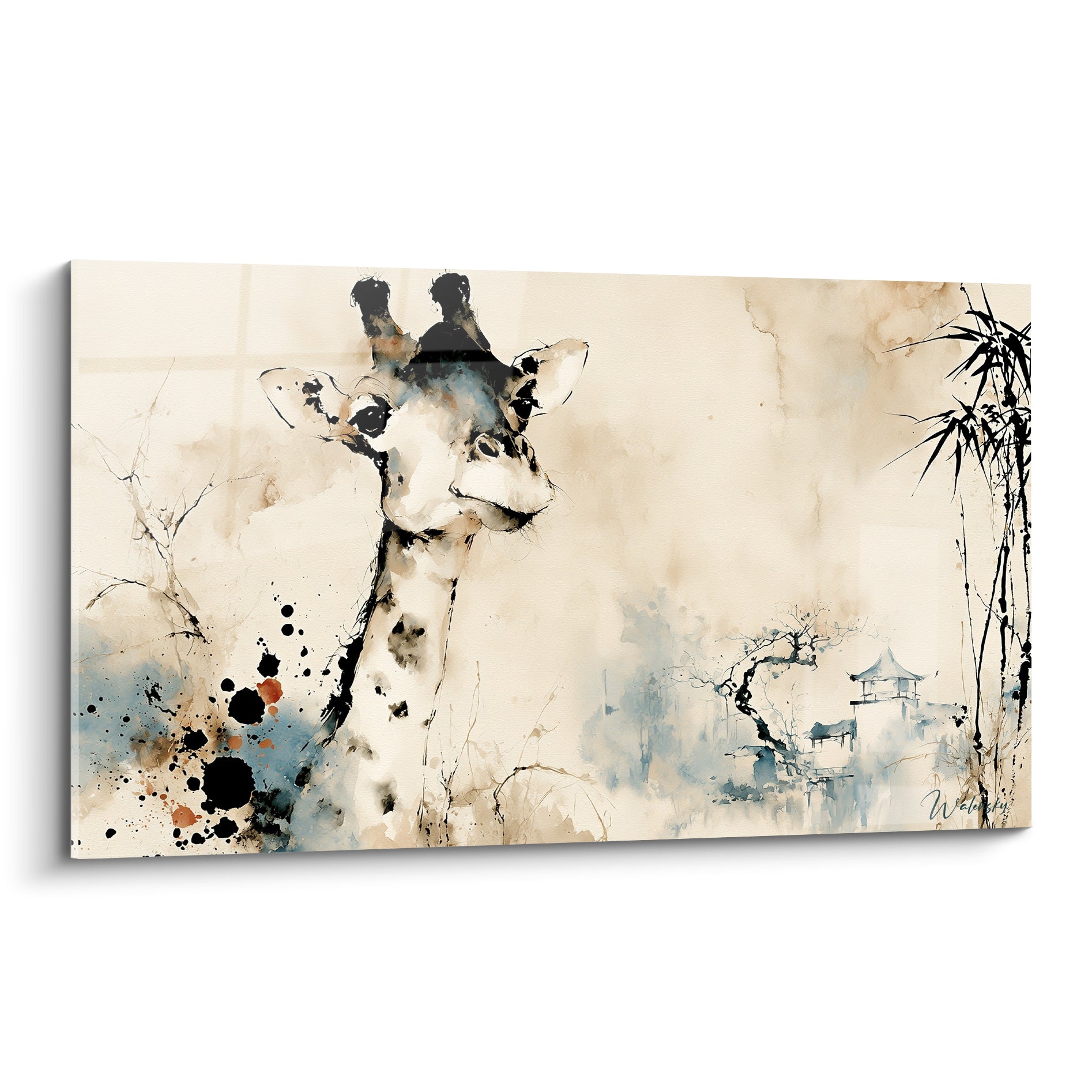 Girafe à l'encre noire sur fond sable et bleu ardoise, style lavis oriental délicat