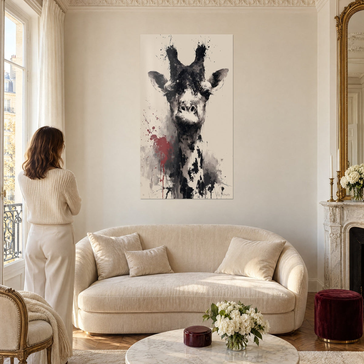 Gemälde Giraffe in schwarzer und grauer Tusche, blutrote Flecken, beiger Hintergrund, betrachtet von einer Frau über einem Sofa in einem hellen Wohnzimmer