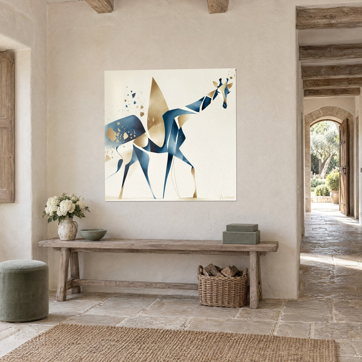 Wall art animal with faceted legs in indigo and gold ochre on a cream background, wooden bench, in a country house
