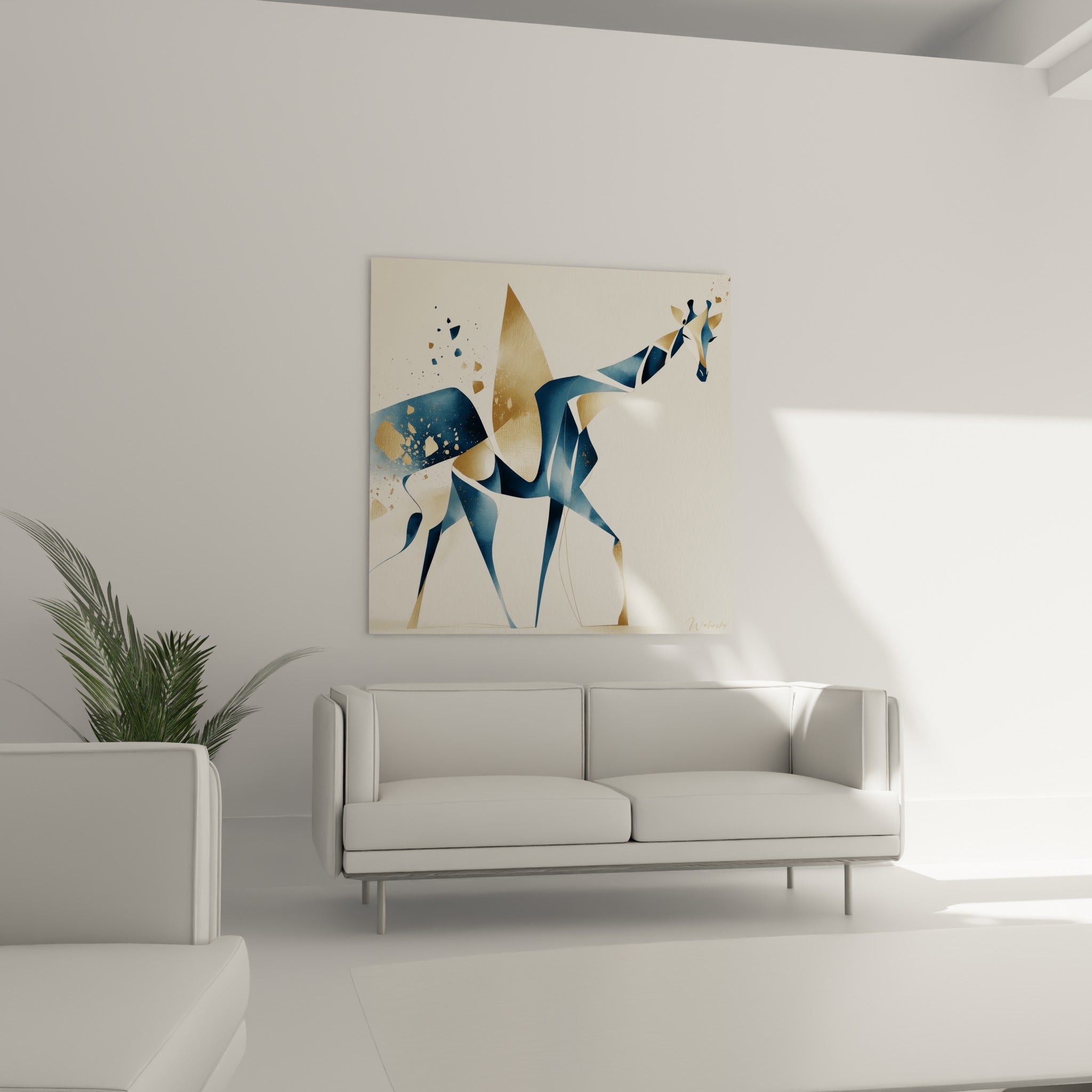 Girafe graphique aux tons dorés et bleu nuit, au-dessus d'un canapé dans un salon lumineux