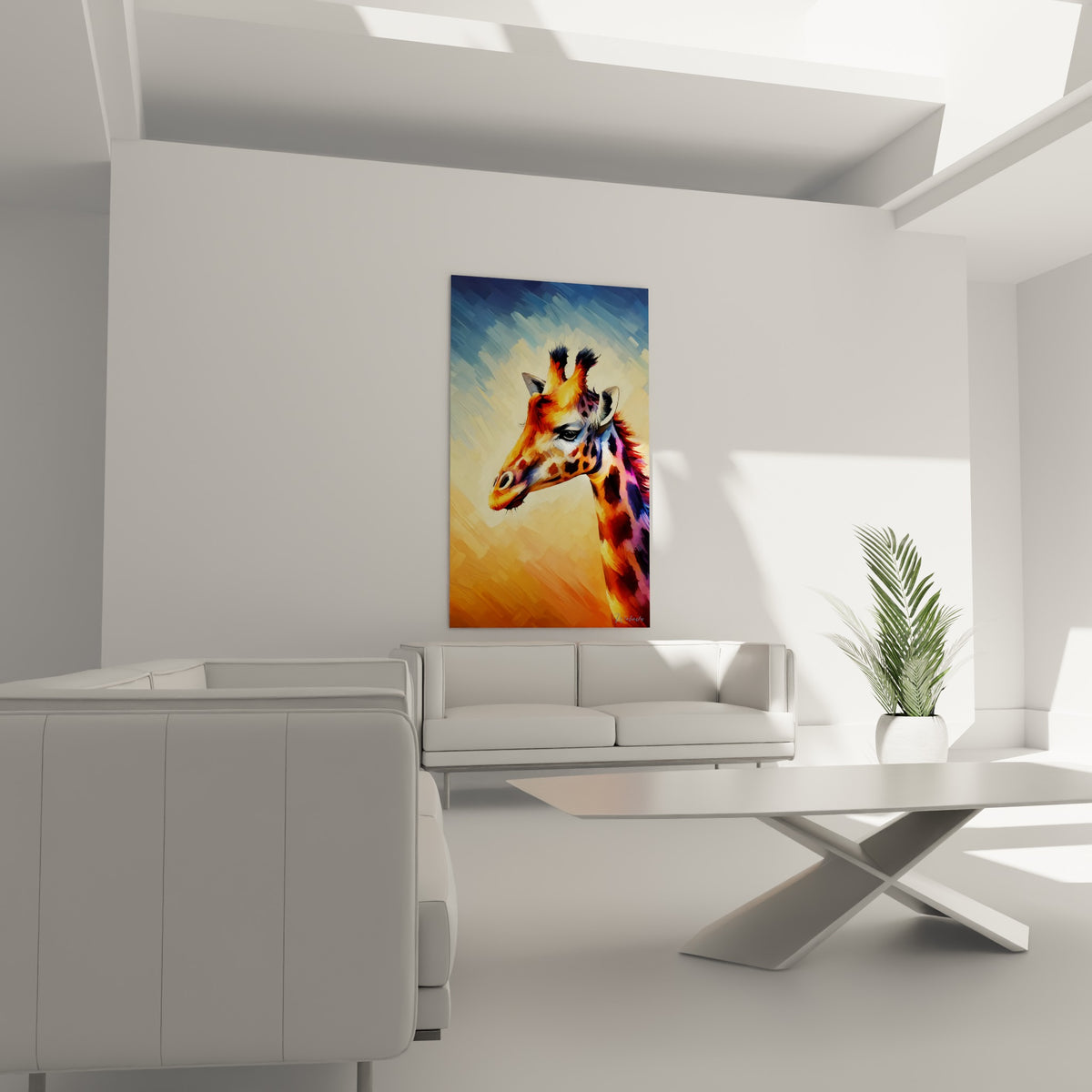 Girafe terracotta et bleu marine, cou dégradé pourpre, suspendue au-dessus d'un canapé dans un salon lumineux