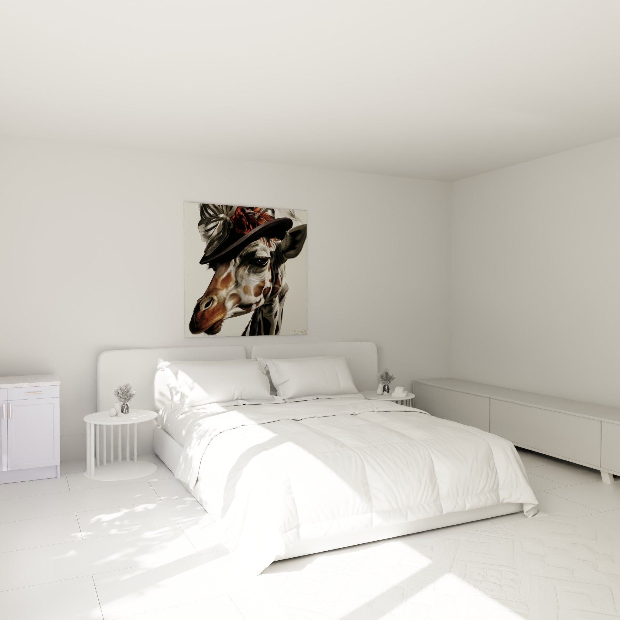 Portrait de girafe fauve et blanche avec chapeau élégant au-dessus d'un lit dans une chambre claire
