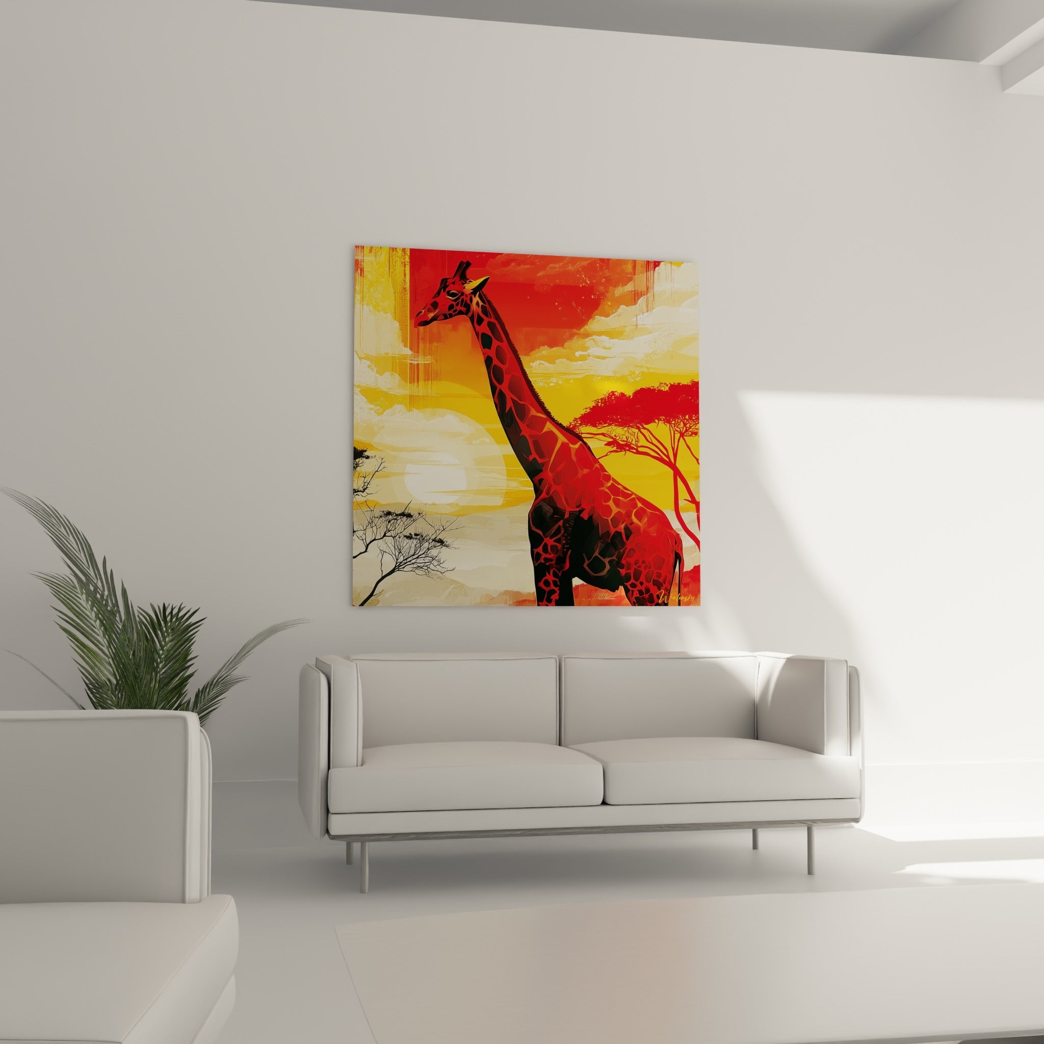 Animal au long cou tacheté de rouge et de noir devant un soleil blanc, au-dessus d'un canapé dans un salon lumineux
