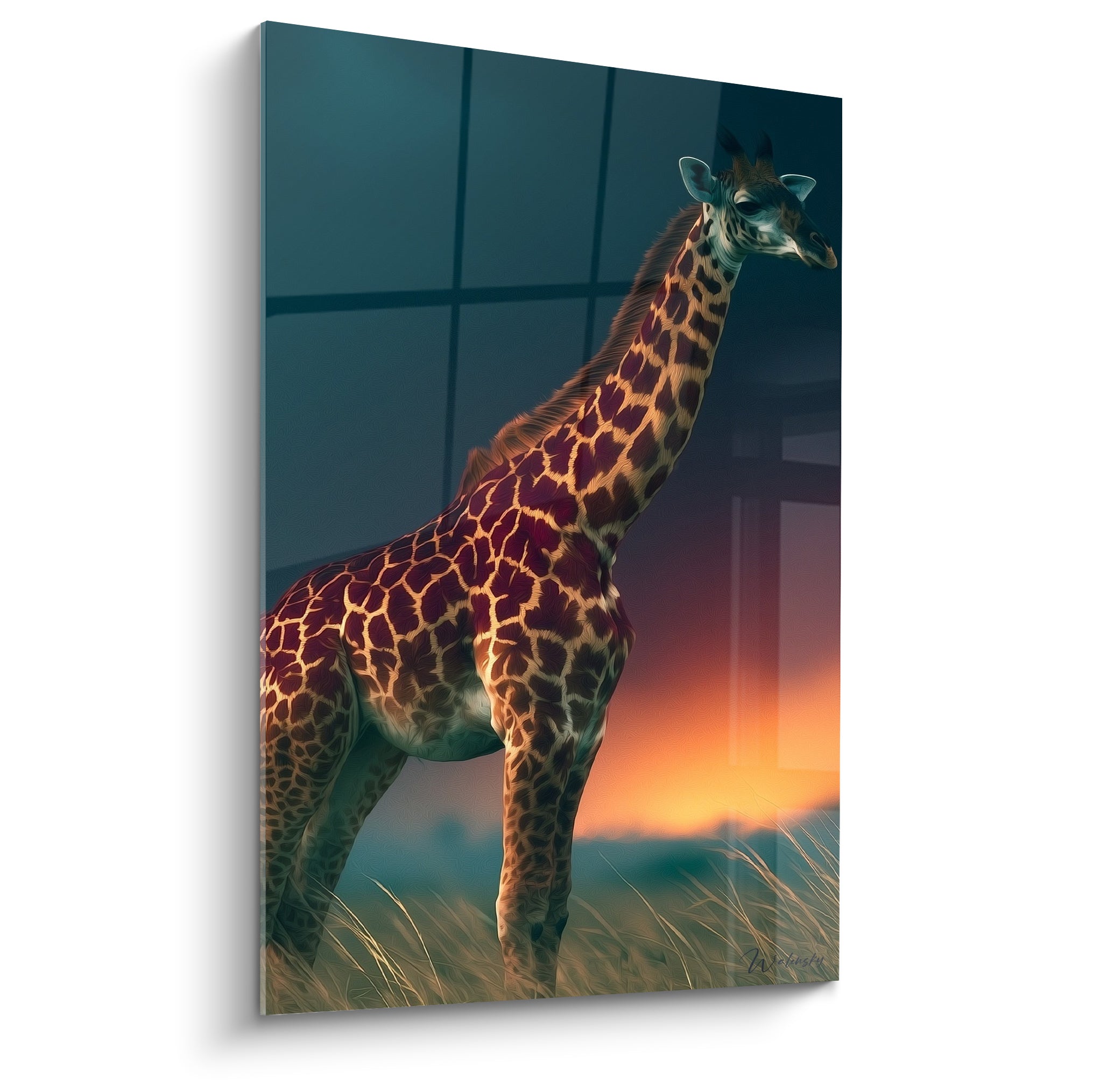 Girafe fauve et ocre au cou tendu vers un ciel bleu nuit strié d'orange crépusculaire