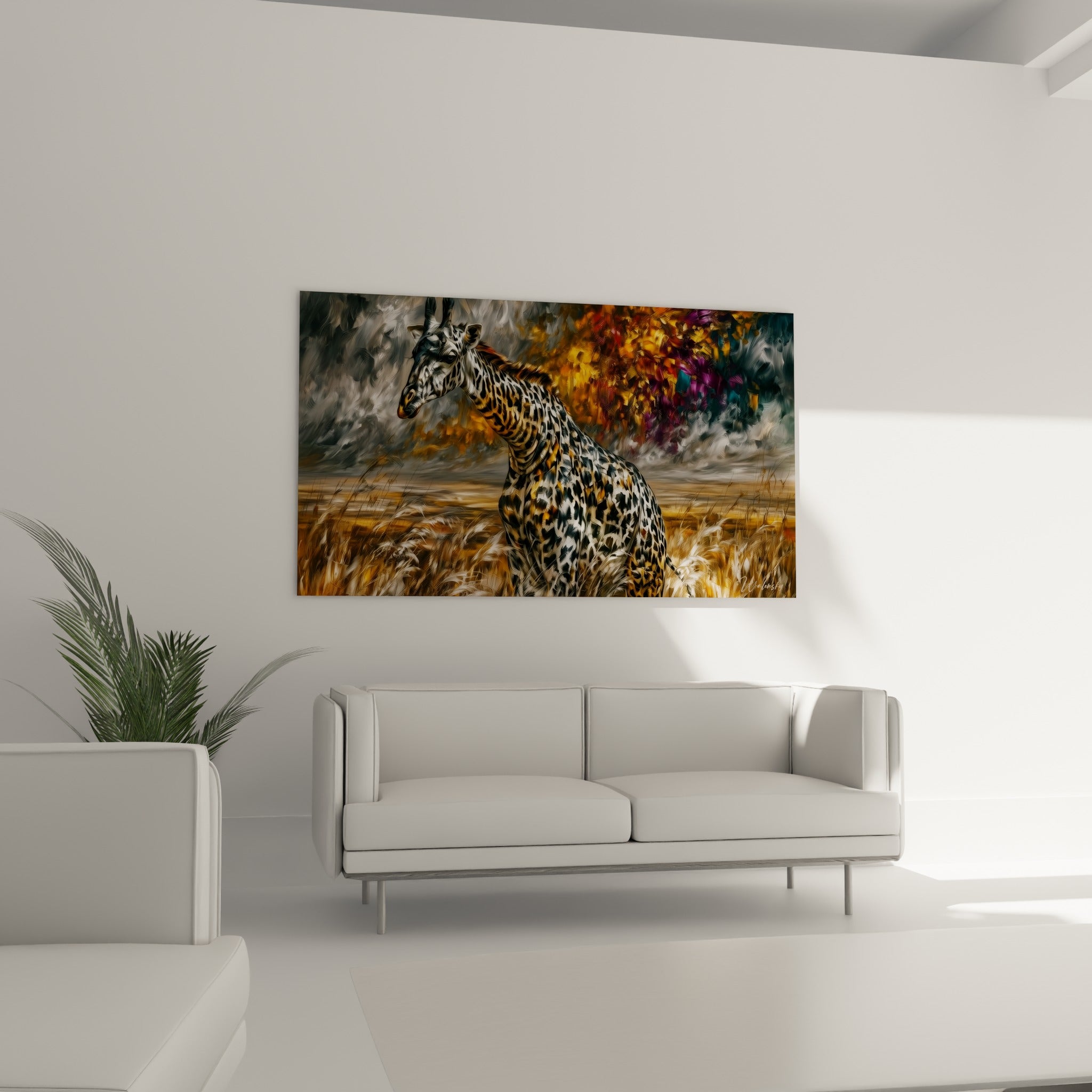 Portrait de girafe fauve et pourpre disposé au-dessus d'un canapé dans un salon lumineux