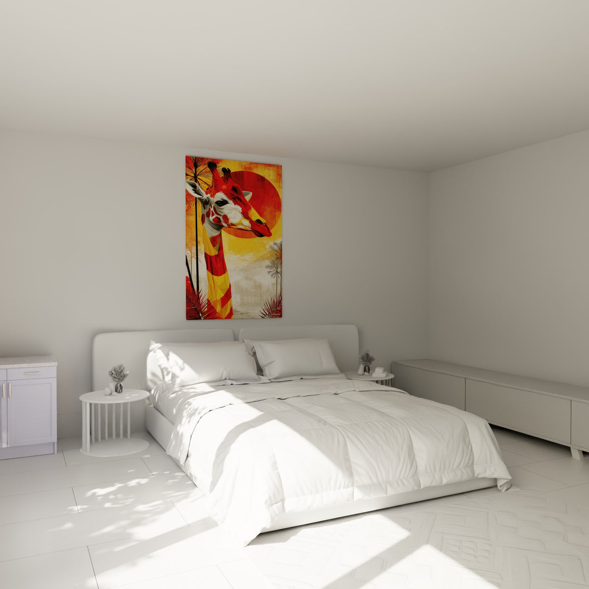 Silhouette de girafe fauve et rouge sang accrochée au-dessus d'un lit dans une chambre claire