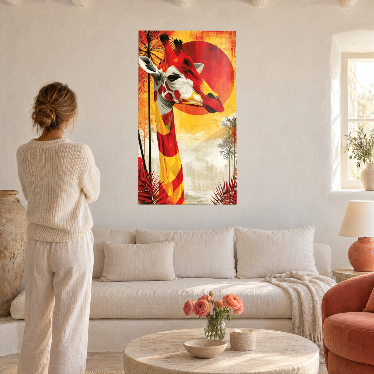 Gemälde Giraffe in Rot und Gelb vor einer riesigen karminroten Sonne, dunkle Palmwedel, Frau von hinten auf einem Sofa in einem hellen Wohnzimmer