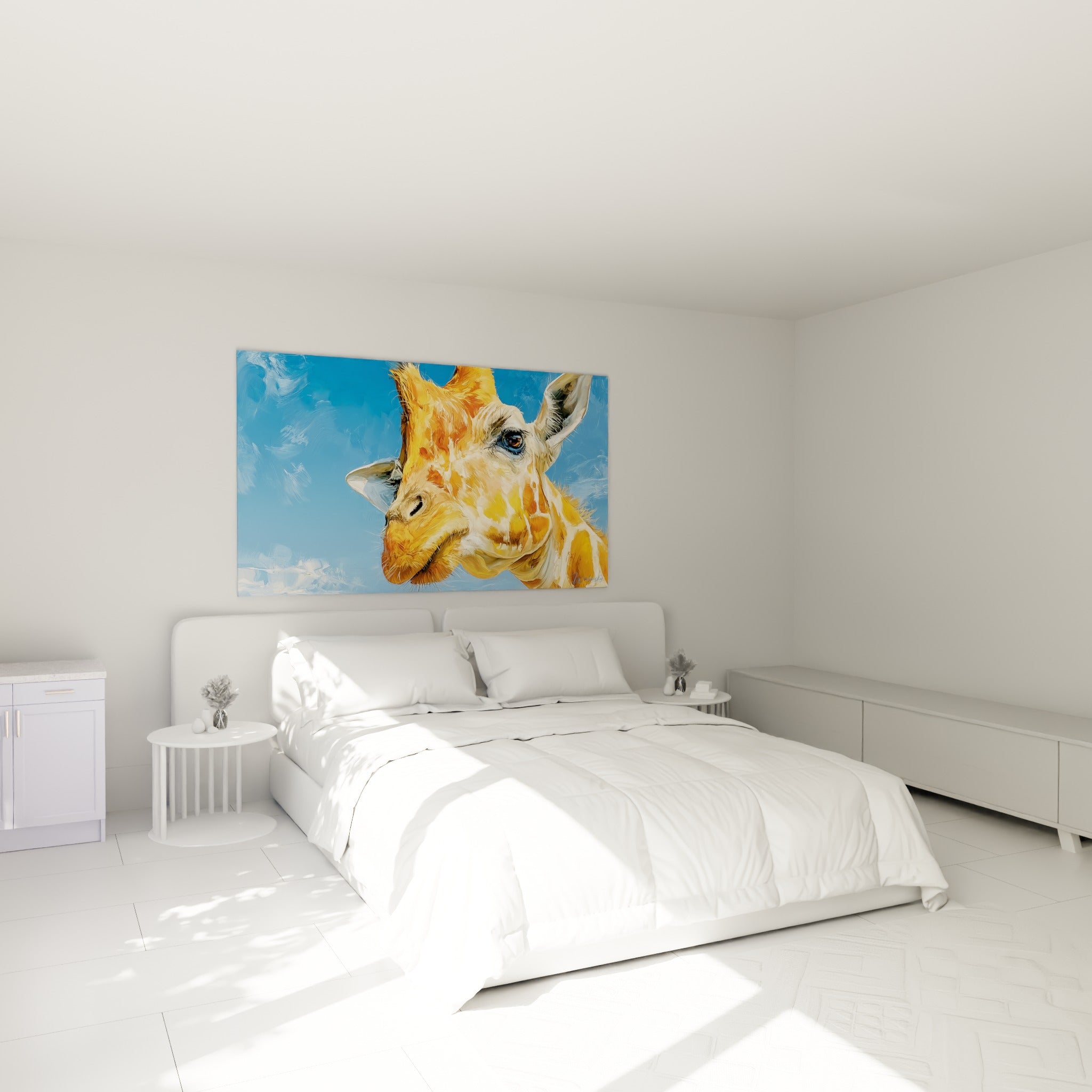 Museau et cils délicats de la girafe fauve et crème, accrochée au-dessus d'un lit dans une chambre claire