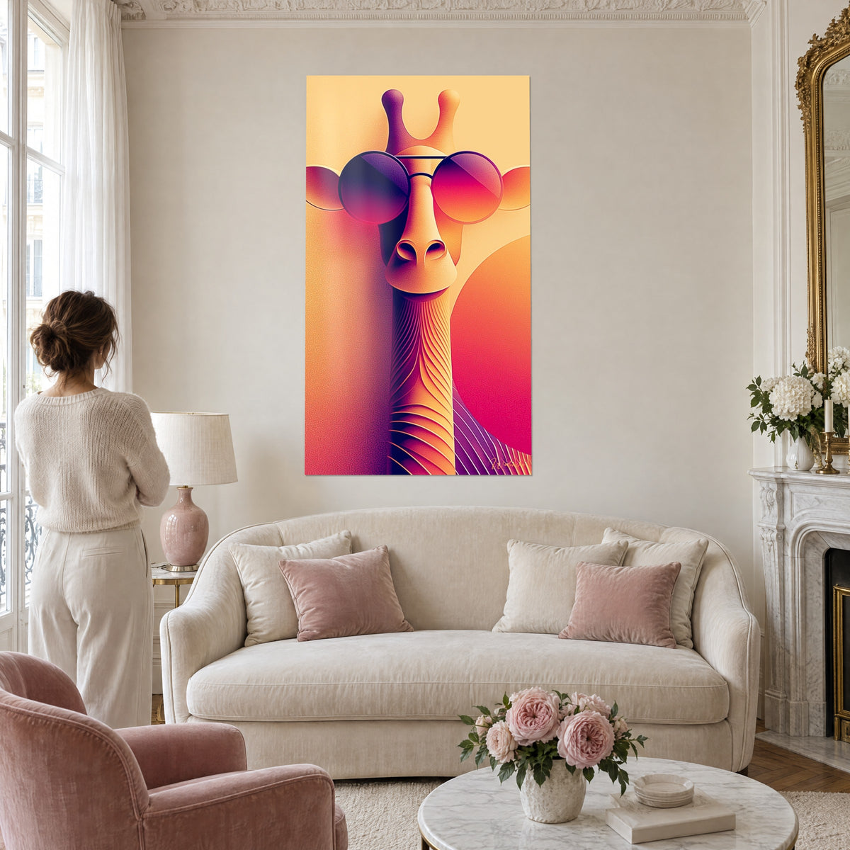 Gemälde Giraffe mit runder violetter Brille, rosafarbener langer Hals auf blassgelbem Hintergrund, über einem Sofa in einem hellen Wohnzimmer