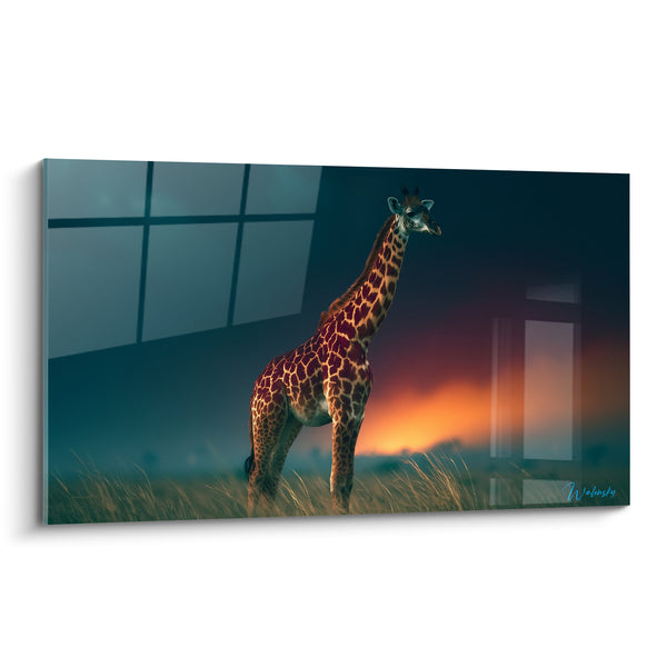 Tableau Girafe brune et bleu nuit devant fenêtres fantômes - Lueur d'incendie lointain - Edition Girafe