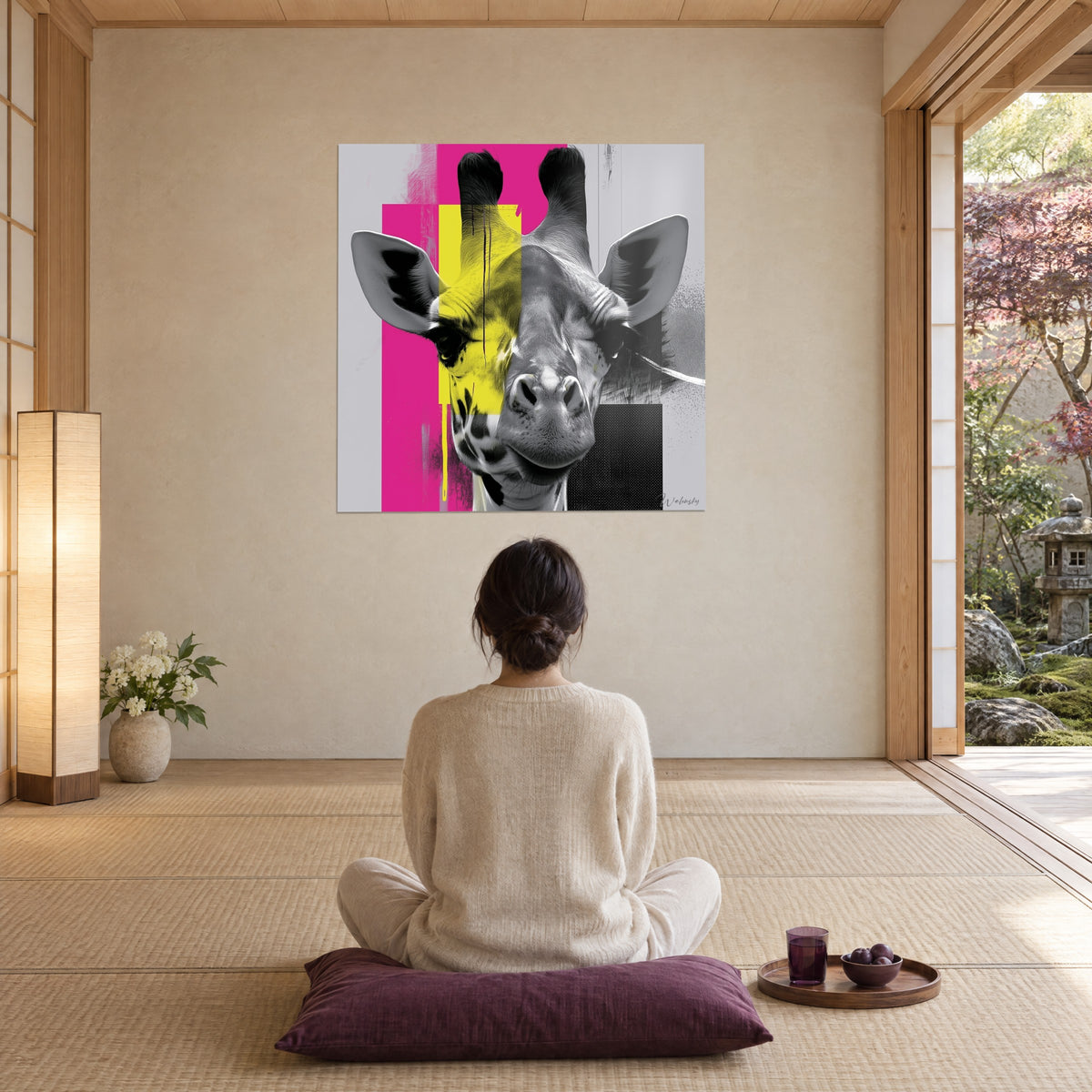 Gemälde grafische Giraffe mit samtig schwarzen Hörnern, elektrisches Gelb und tiefes Rosa, gegenüber einer Frau, die auf einem pflaumenfarbenen Kissen sitzt