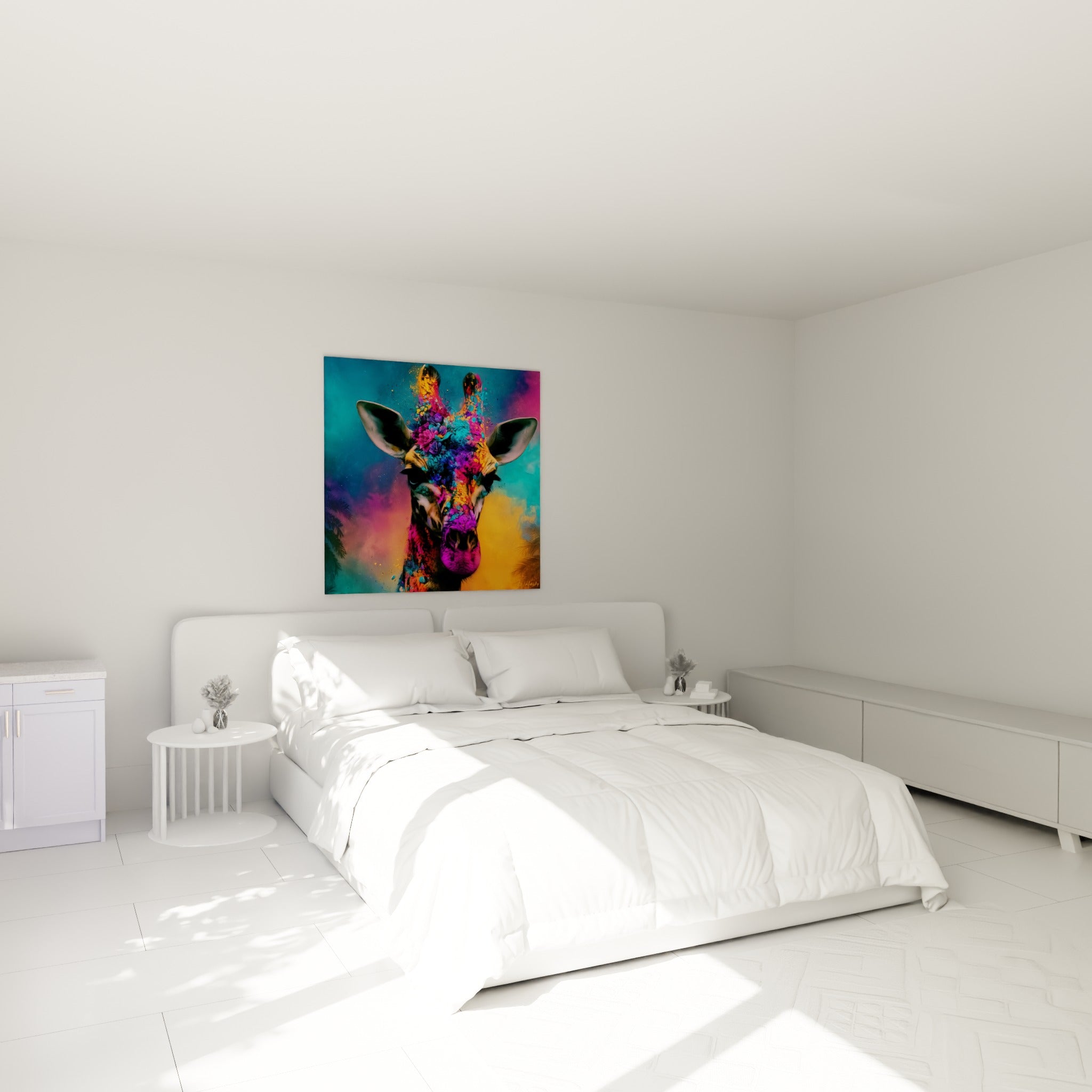 Portrait de girafe fleurie fuchsia et turquoise au-dessus d'un lit dans une chambre claire