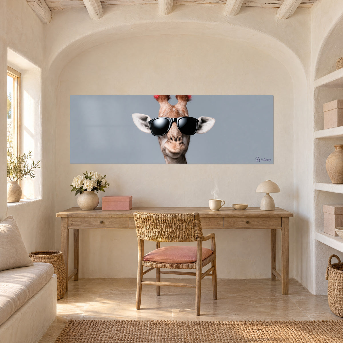 Tableau girafe aux verres noirs miroitants, robe beige tachetée et fond gris-bleu, mur arrondi crème au-dessus d'un bureau en bois