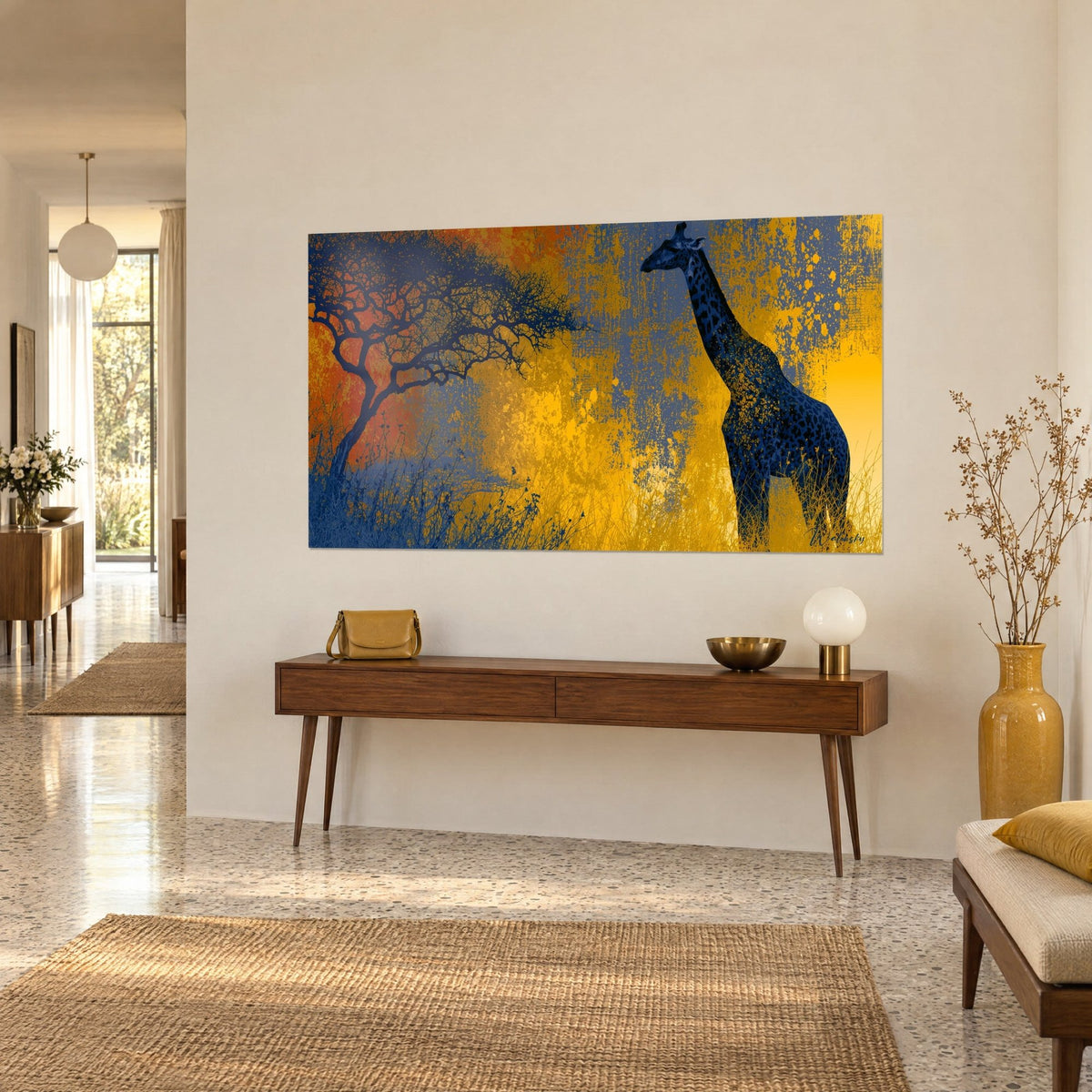 Gemälde Giraffensilhouette in Marineblau mit Flecken, dornige Akazie und goldene Gräser auf einer beigen Wand neben einer Holzkonsole