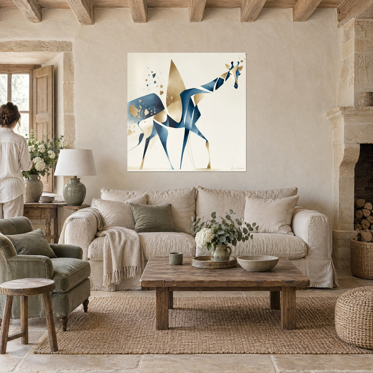 Wall art cubist giraffe in navy blue and gold, neck stretched high, golden shards raining down, above a sofa in a bright living room