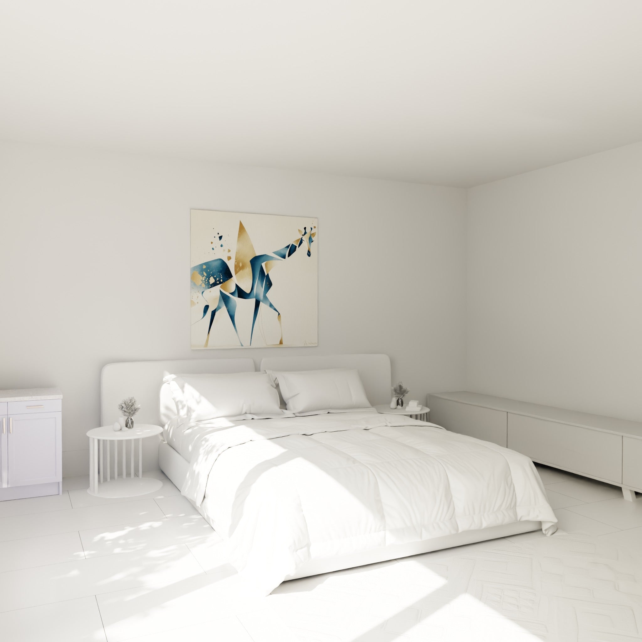 Silhouette de girafe fragmentée bleu marine et or, au-dessus d'un lit dans une chambre claire