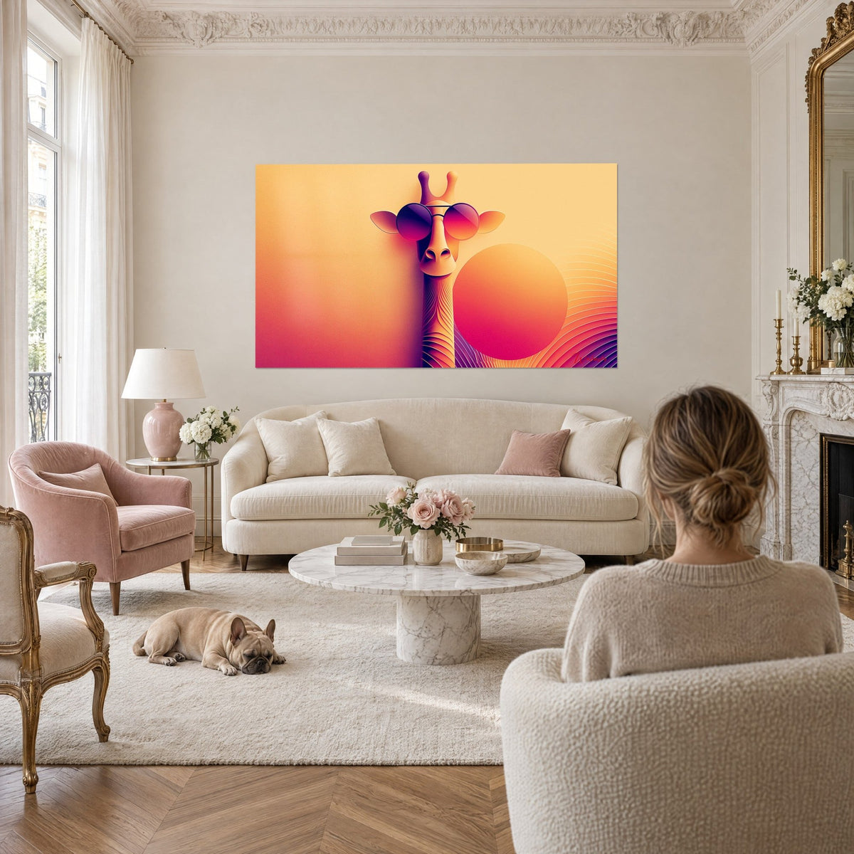 Quadro giraffa cool con occhiali tondi rosa, sfondo arancione e sole corallo, due persone e un bulldog, sopra un divano in un soggiorno luminoso