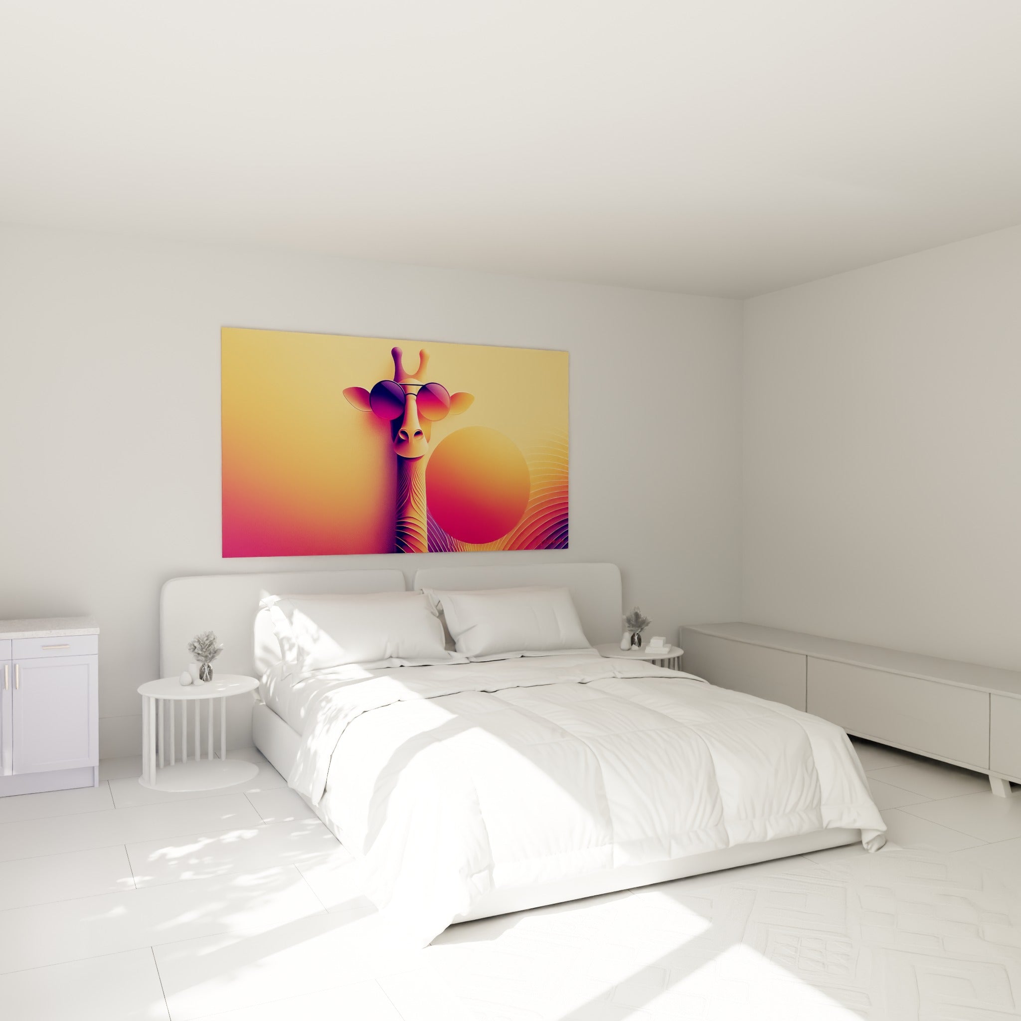 Portrait graphique d'une girafe fuchsia et orange accrochée au-dessus d'un lit dans une chambre claire