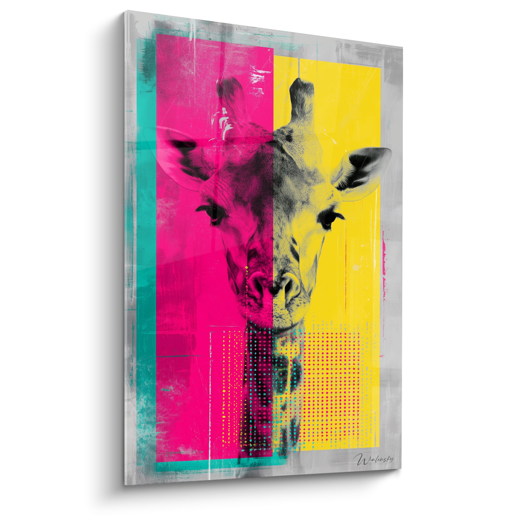 Girafe en sérigraphie rose fuchsia et jaune sur fond gris anthracite texturé