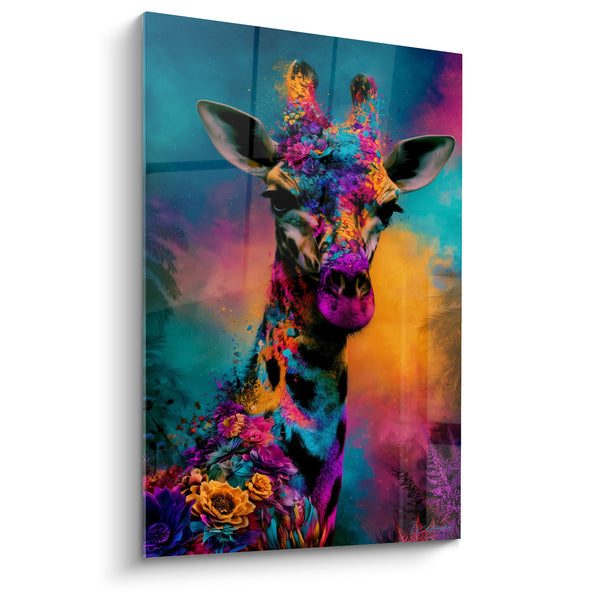 Tableau Girafe fuchsia et turquoise fleurie - Éclosion tropicale - Edition Girafe