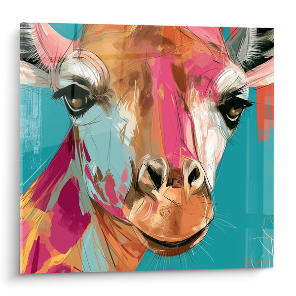 Tableau Girafe fuchsia et turquoise aux taches vives - Regard électrique - Edition Girafe