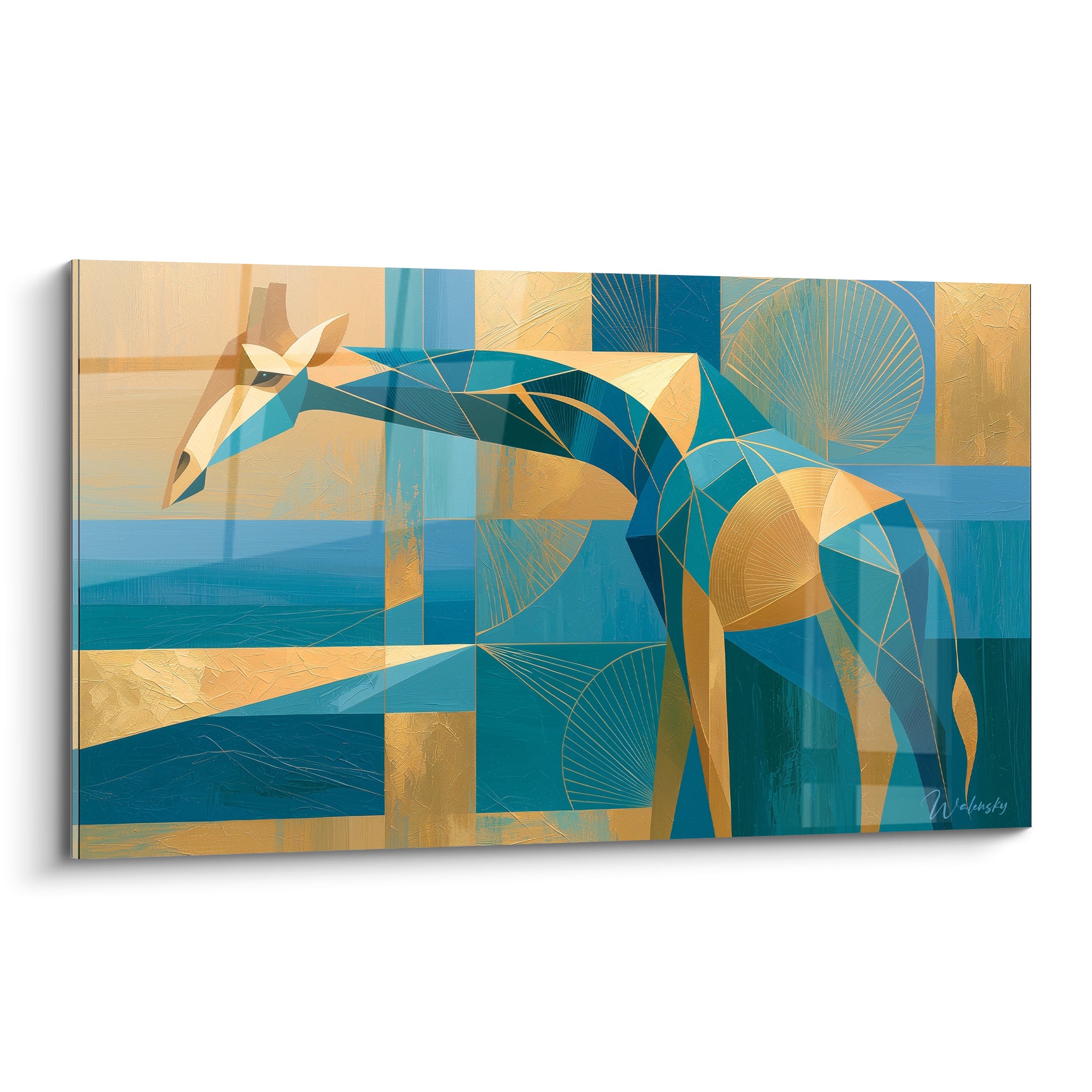 Girafe géométrique en bleu sarcelle et doré, tête inclinée, motifs en éventail texturés