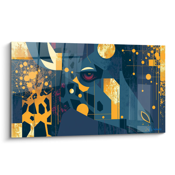 Tableau Girafe bleu marine et doré à l'œil pourpre - Réseau de constellations dorées - Edition Girafe
