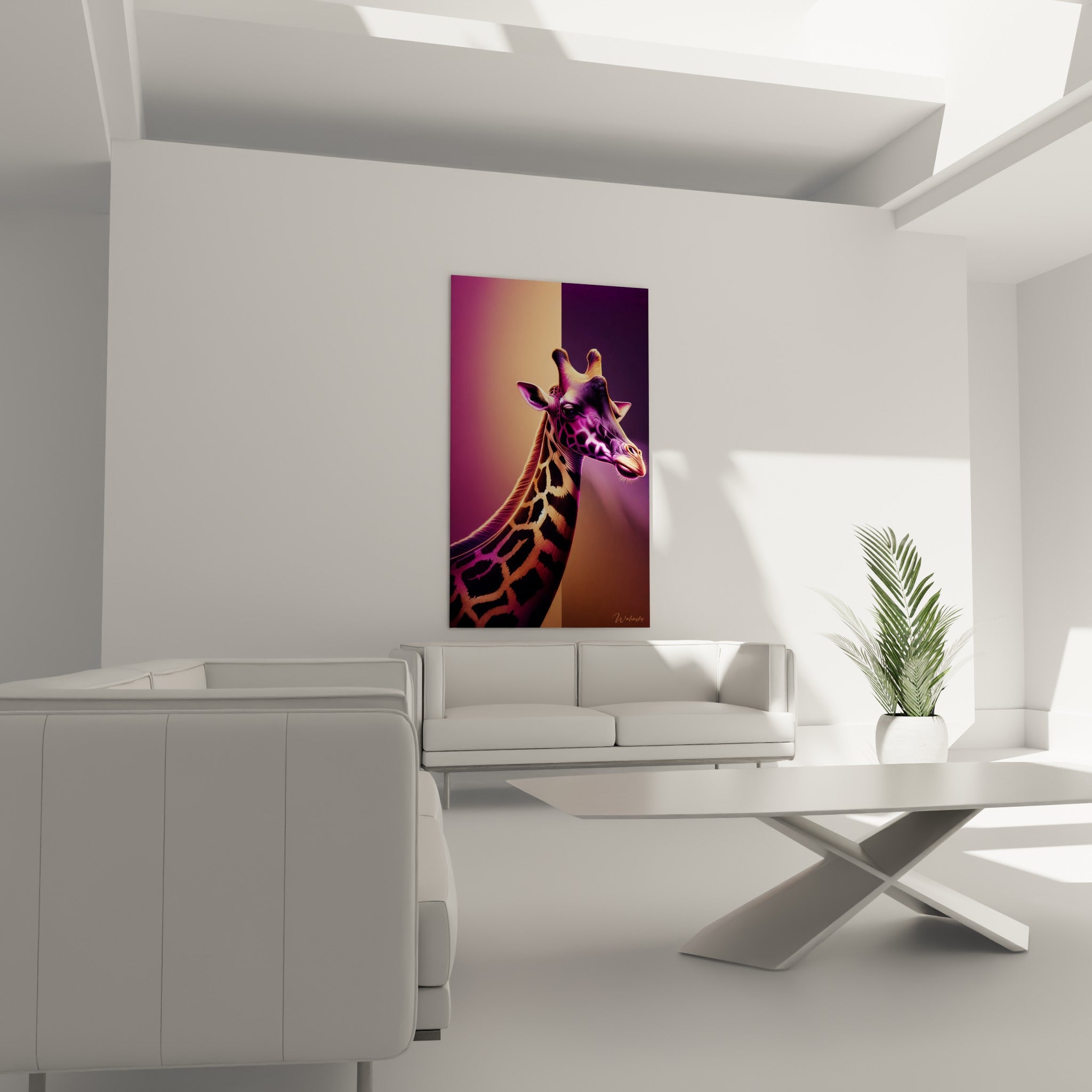 Portrait de girafe violette aux reflets dorés placé au-dessus d'un canapé dans un salon lumineux