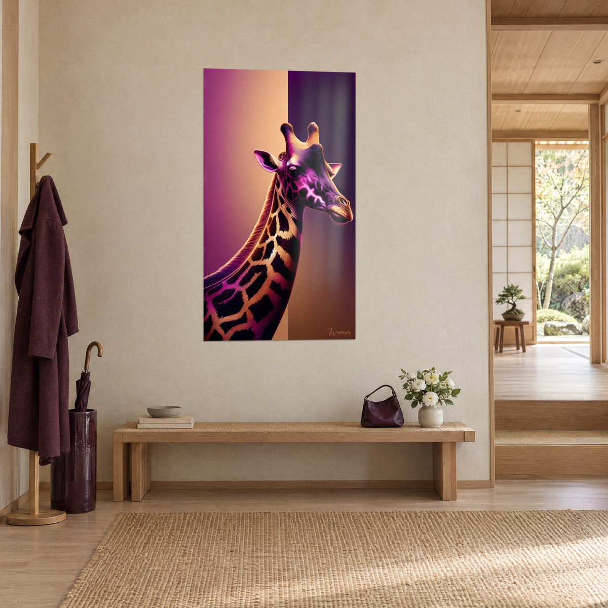 Wall art long giraffe neck with golden scales on a mauve and warm brown background, seen at an angle, wooden bench and bag in a japandi entryway