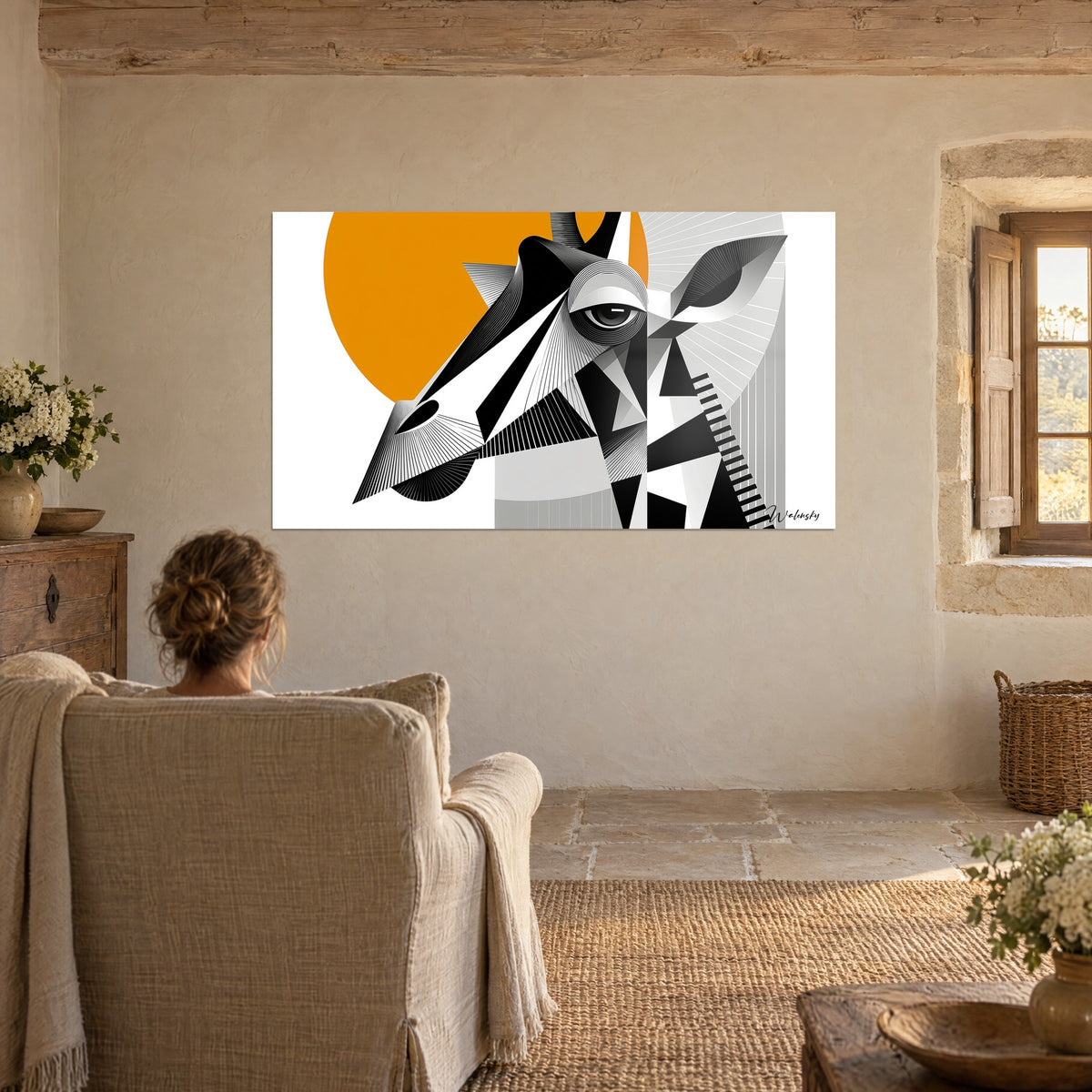 Cuadro perfil geométrico de jirafa, naranja azafrán y negro profundo, una mujer de espaldas en un sillón beige, ventana de piedra