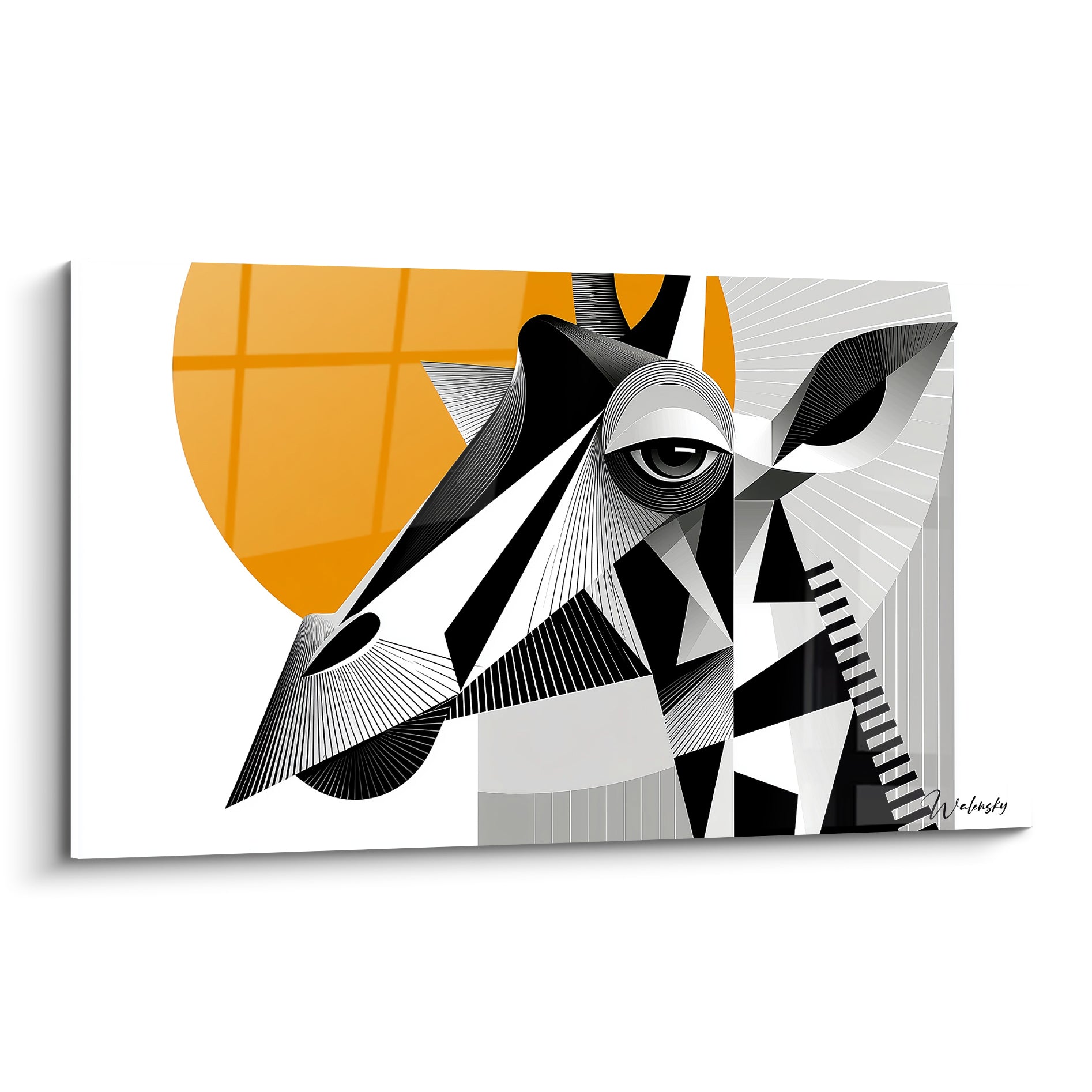 Girafe géométrique au regard perçant, contraste entre orange vif et gris anthracite sur toile