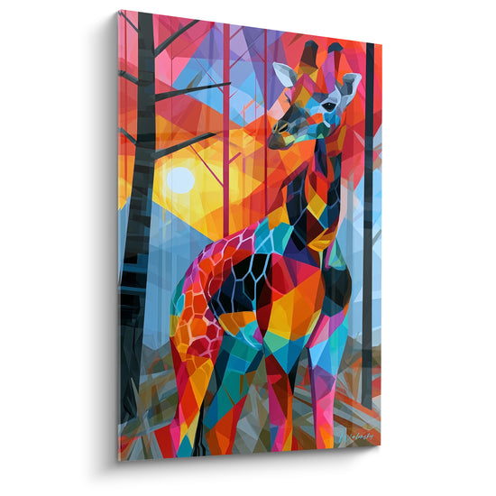 Tableau Girafe rose et turquoise en vitrail cristallisé - Forêt géométrique au soleil - Edition Girafe